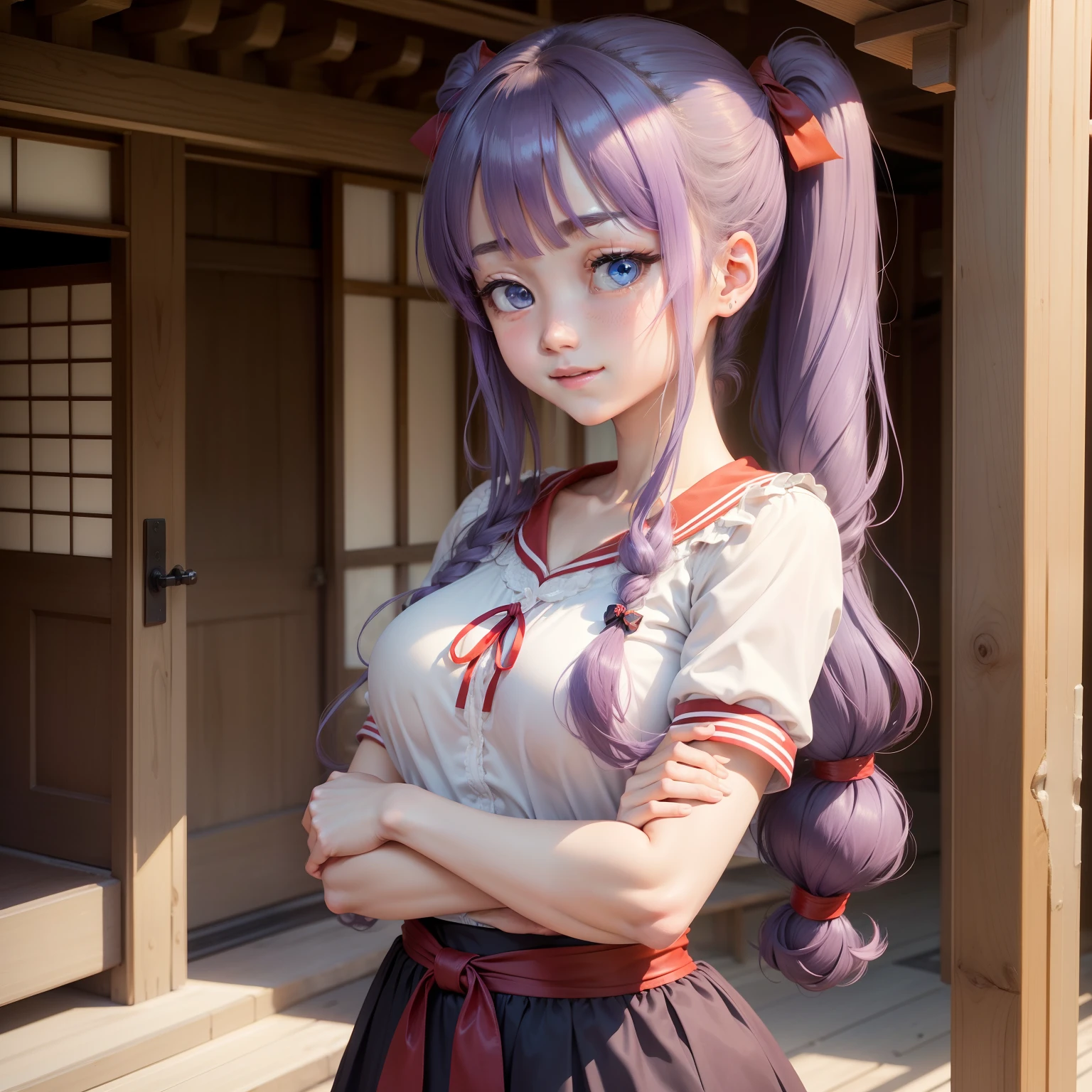 (masterpiece, best quality:1.2), <lyco:touhou_labelgirl-10:1.0>, solo, 1girl, dipplabelgirl, smile, looking at viewer, sitting, purple hair, side ponytail, cabbie hat, star hat ornament, purple eyes, white vest, mandarin collar, bow, wide sleeves, red skirt, bare shoulders