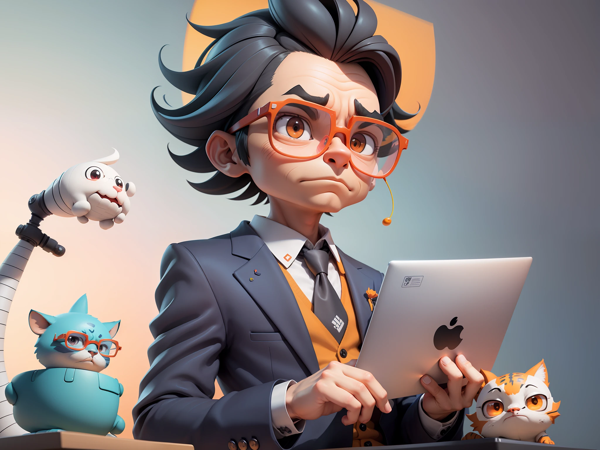 A young man in a suit, Short hair and glasses sat at his desk，holding laptop，digitial painting，tigre，3D character design by Mark Clairen and Pixar and Hayao Miyazaki and Akira Toriyama，4K HD illustration，Very detailed facial features and cartoon-style visuals。