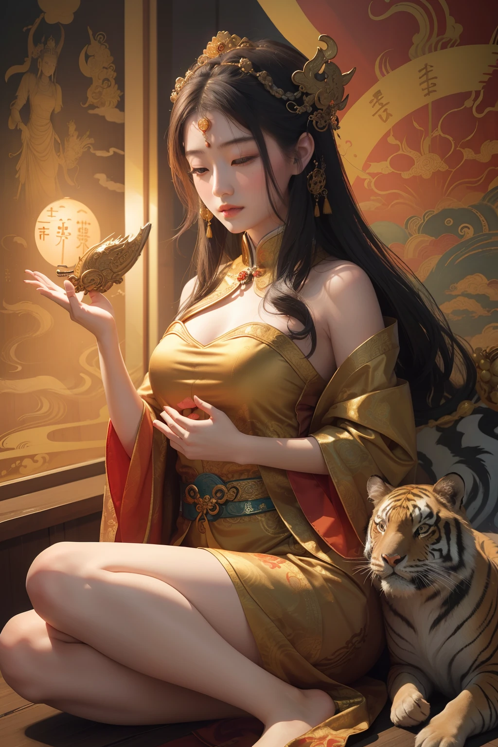 an ancient Chinese goddess, guanyin of the southern seas, Guanyin, Inspired by China, Avalokiteshvara rides a tiger，,Serene expression,shui mo hua,Buddha,Buddhist,Lotus,Chinese painting style,Thangka style