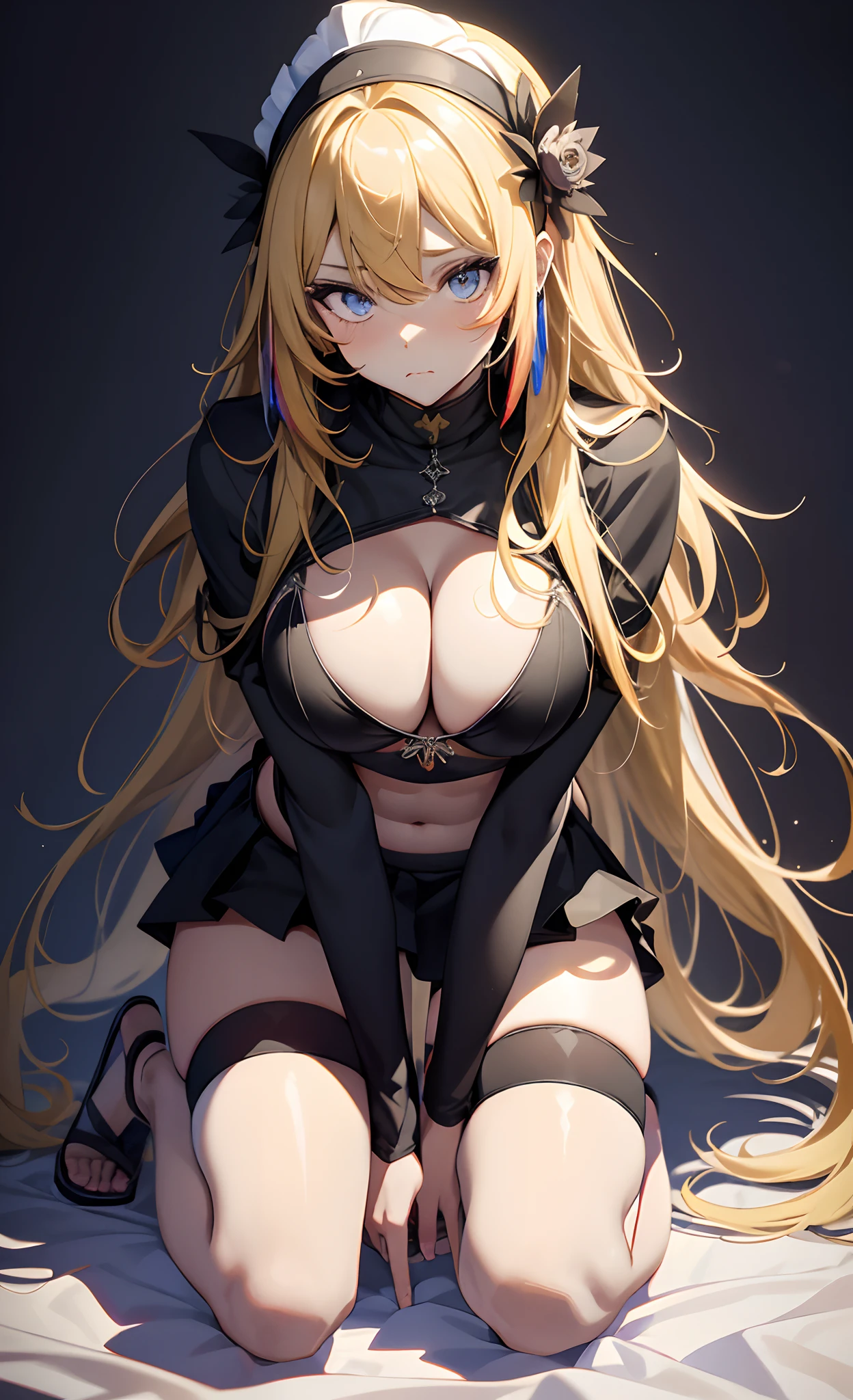 best qualityer,tmasterpiece,Ultimate resolution,downy,Extremely colorful,Colorful,western regions,,(Kneeling pose),(point you by ass)Pouting ass,Oral sex,Mating,blond hairbl,Bikini costumes,Exotic,huge tit,Crop topping,short skirt,Black socks,heeled sandals,veils,Normal posture