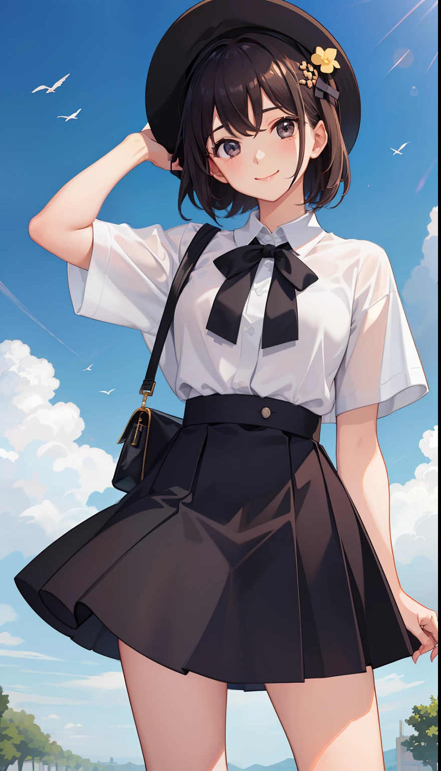 1 girl, smile, shirt, skirt, (small) chiralism, Japan high school school uniform, seravuk, summer clothes, squall-wet uniform, sheer bra, (portrait from knee up),