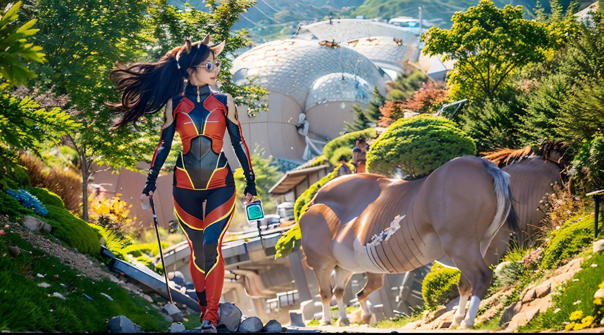 Ultra-grand scenes，The ultra-wide-angle lens captured the presence of a female centaur on location。The change in clothing does not affect the presentation of her physical characteristics。The extremely tall body of the female centaur has a tight and extremely convex large curve S-shaped curve，Her muscles are tight and her lines are slender, resulting in extremely exaggerated visual effects，The female centaur has slender and graceful lines。With tough and coquettish facial features, she is always as cheerful as the sun，Skyscraper Heels, a multifunctional off-road style with a strong sense of technology, was stepped on by her，Sometimes only her graceful figure can be seen，But her eyes shining like flame were always bright，She wears delicate and practical field gear on her hands, feet, wrists, neck and shoulders，The high-tech detection equipment flashes a variety of cue lights and neon-like information light screens，Let her always be surrounded by a charming colorful brilliance。Use Midjourney's advanced stroke tools and color palettes, as well as tools like texture packs and model packs, to dress female centaurs with inspired special tights and gear，While having good performance，Reflect her unique physiological characteristics in different postures and handle the corresponding appearance details，Make the picture look more coordinated，Add realism even further。The adventures of the female centaur always offer spectacular views of these magnificent and magnificent scenery at a glance：Suddenly, the storm suddenly cleared the sky，With the glow, the river of stars and colorful auroras, meteors and bright moons rise，On the horizon, the snow-capped peaks of Mount Everest in the distance reflect the colorful sky，The fireworks of the mountain town also appear quiet next to the lake and mountains，The babbling valley that stretches to the foot of the mountain flows into the endless Hanhai and the blue ice is beautiful to the point of suffocation，Healthy Avenue connects to Long Beach