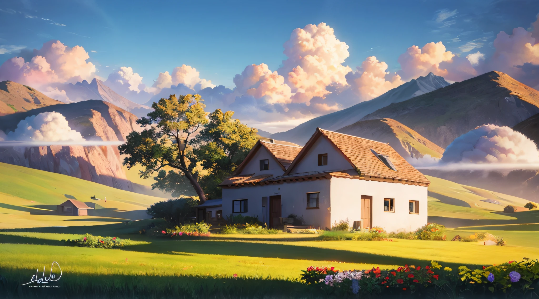 Drawing of a house in the mountains with a tree in the foreground, landscape illustration, paisagem rural, ao lado de uma casa de fazenda e um celeiro, fazenda, casinha, casa de aldeia, obra-prima, melhor qualidade, (muito detalhado CG unidade 8k papel de parede) (melhor qualidade), (best illustration), anime, aldeia, flores, blue skies, --v6