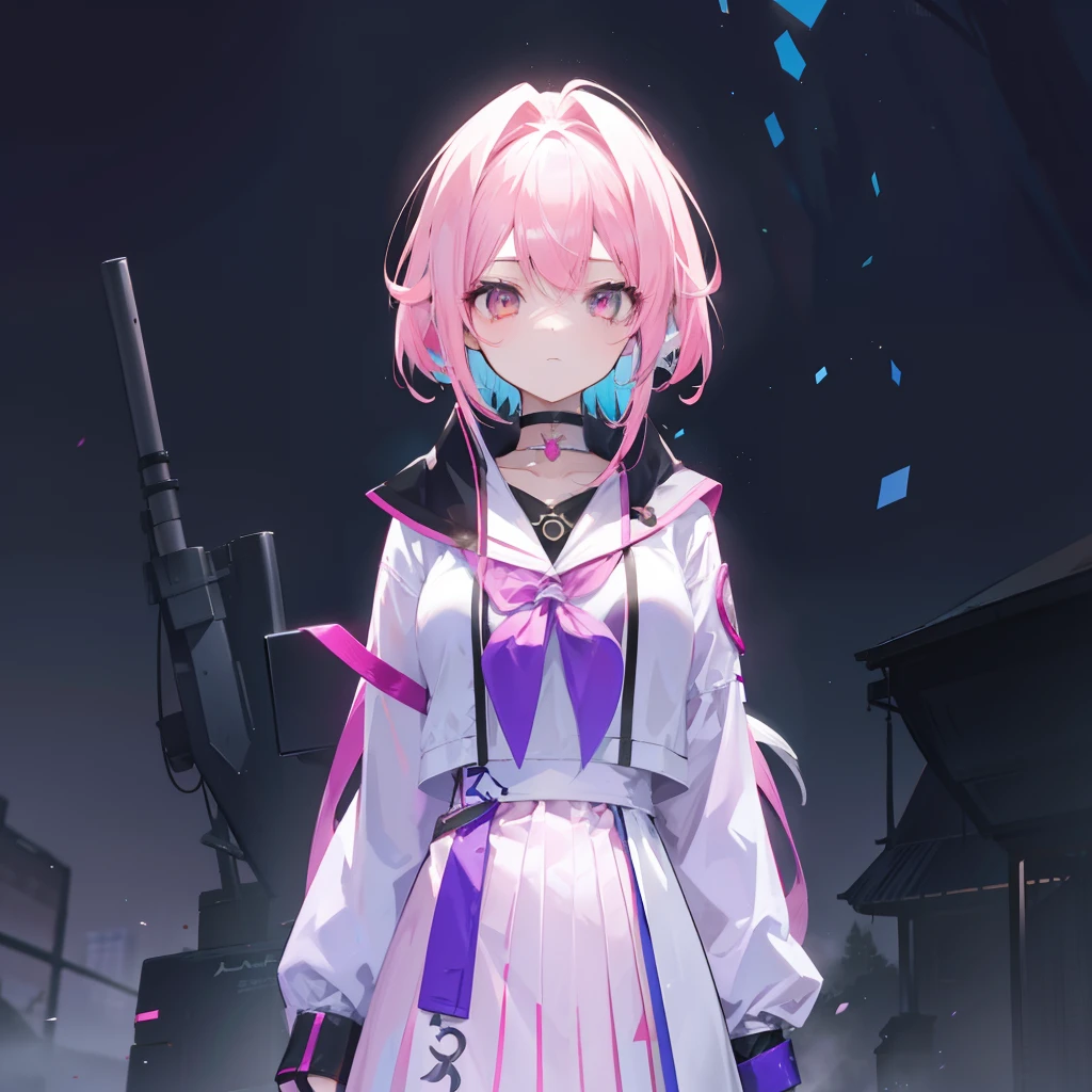 Pink hair,Pink and white clothes,is a nine-tailed fox girl,It has pink fox ears,It has elements that reflect his identity as a nine-tailed fox