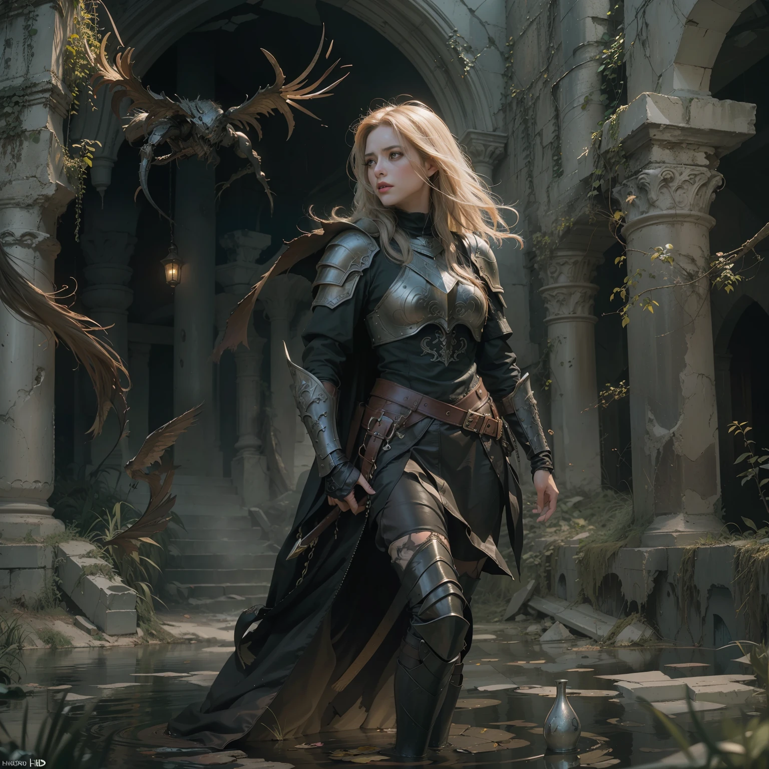 Numerous award-winning masterpieces, with incredible detail, textures and maximum detail, black leather face mask, (knight in black), Delicately decorated, (black full-body armor with delicate ornamentation), (((Not wearing a helmet))), (((Full-length portrait))), ((looks up)), ((looking down)), (((full-body standing image))), (dramatic pose), (flamboyant pose), (beautiful pose), beautiful silver hair, beautiful blonde hair ,black web robe, spiders on armor, with a black blade in hand, Strong Warrior, Agile Warrior, ((medieval world)), fantasy, ((dramatic photo)), ((dynamic photo)), full body view, highly detailed, ultra-realistic, intricate details, painting (artwork), ((masterpiece,best quality)), ((cinematic light)), hyper realistic, fearsome, dark fantasy , detailed armor, detailed helmet, epic realistic, faded, ((neutral colors)), art, (hdr:1.5), (muted colors:1.2), hyper detailed, (art station:1.5), cinematic, warm lights, dramatic light, (intricate details:1.1), complex background, (Greg rutkowski:0.8), (teal and orange:0.4), Old ruins infested with plants,Ruins of an old castle, in the dungeon, Ruins of an ancient castle, Abandoned mine, Deserted ruins, crumbling ruins, Ruins with clear puddles, Ruins with clear ponds, Ruins with clear calm water, twilight, sunset, dusk, wavelets, ripple on water, running water, Battlefield,