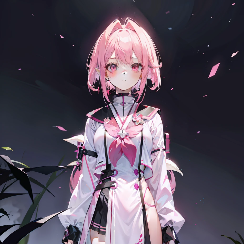 Pink hair，Pink and white clothes，It's the nine-tailed fox girl，It has pink fox ears，It has elements that reflect his identity as a nine-tailed fox