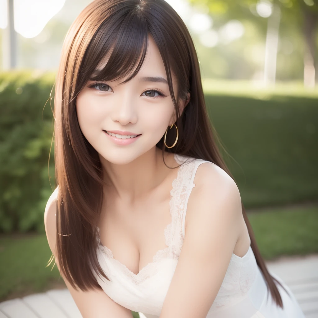 masterpiece、masterpiece、top-quality、top-quality、realisitic、独奏、1 persons、4K wallpapers、extremely detailed cg unity 4k wallpaper、ulzzang-6500、(Original: 1.2)、(realisitic: 1.4)、ultra-detailliert、hight resolution、ultra-detailliert,magnifica, finely detail, Natural light, (1girl in:1.4 ), (Brownish|A dark-haired:1.4), length hair, (real looking skin:1.2), (light brown-skinned:1.2), Beautiful Girl Beautiful Details、extremely detailed eye and face、Eyes with beautiful details、ultra detailed and beautiful、Cheerful smile、(Smile that laughed:1.4)、Black eyes、sano、full body photographed、is standing、white clothes、white skirt、skinny legs、 depth of fields, blurry backround, eyes focus, Bokeh, 85mm lens, professionally lit, Photon mapping, Radio City, physically-based renderingt、high details、30-years old