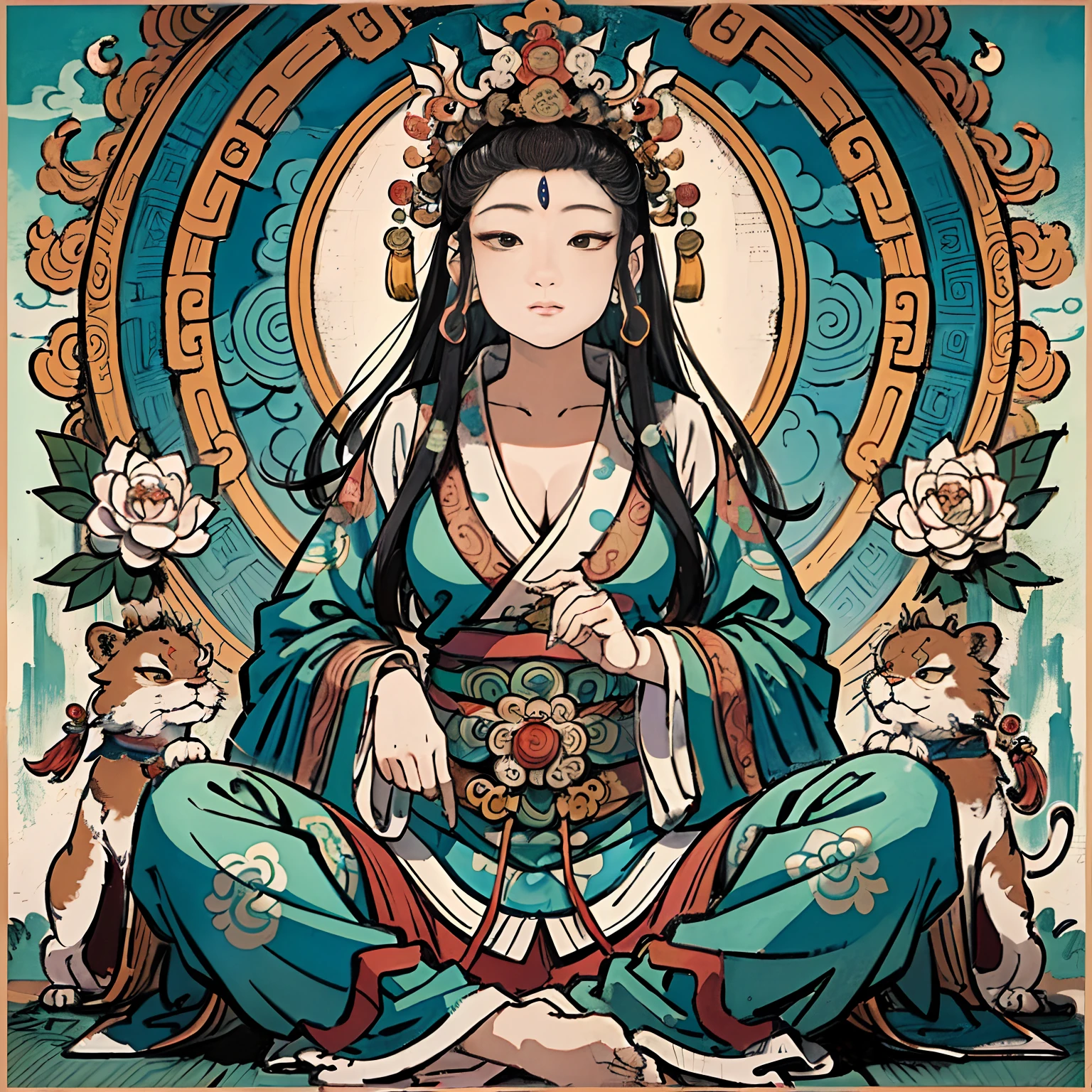 an ancient Chinese goddess, guanyin of the southern seas, Guanyin, Inspired by India, Avalokiteshvara Bodhisattva Lion,,Serene expression,shui mo hua,Buddha,Buddhist,Lotus,Chinese painting style,Thangka style