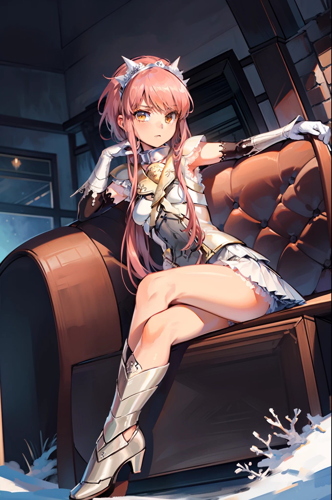 Masterpiece,Best quality, 1girll, Solo, Indoors, fireplace, Sitting, Crossed legs, view the viewer, medb \(fate\), head gear, White elbow gloves, White skirt, White boots, Armor,