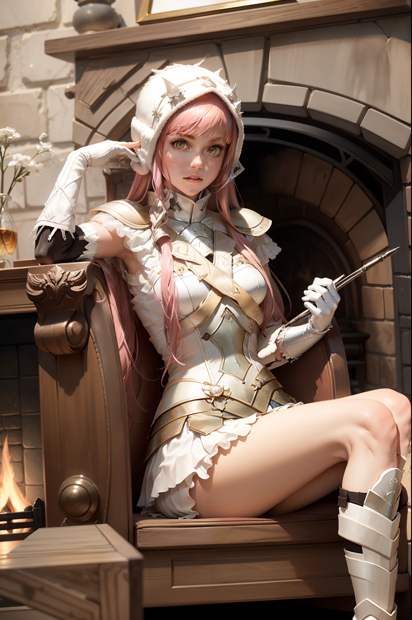 Masterpiece,Best quality, 1girll, Solo, Indoors, fireplace, Sitting, Crossed legs, view the viewer, medb \(fate\), head gear, White elbow gloves, White skirt, White boots, Armor,