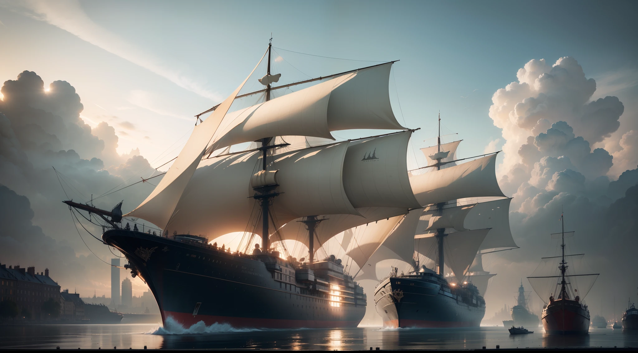 Ships in the port，The background is the city, ships in the harbor, Estilo de Raphael Lacoste, ships with sails underneath, martin raphael lacoste, inspired by Raphael Lacoste, author：Raphael Lacoste, ships, High quality digital concept art, stunning concept art, inspired by Grzegorz Domaradzki, 4k highly detailed digital art