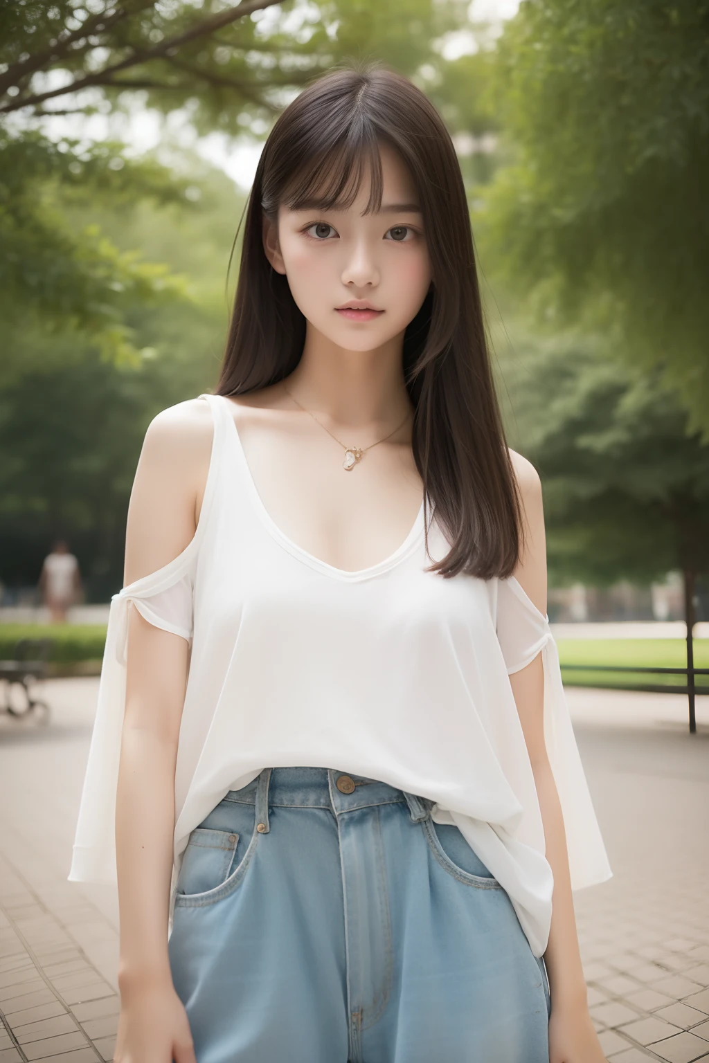 A woman in a white top and blue shorts posing for a picture - SeaArt AI