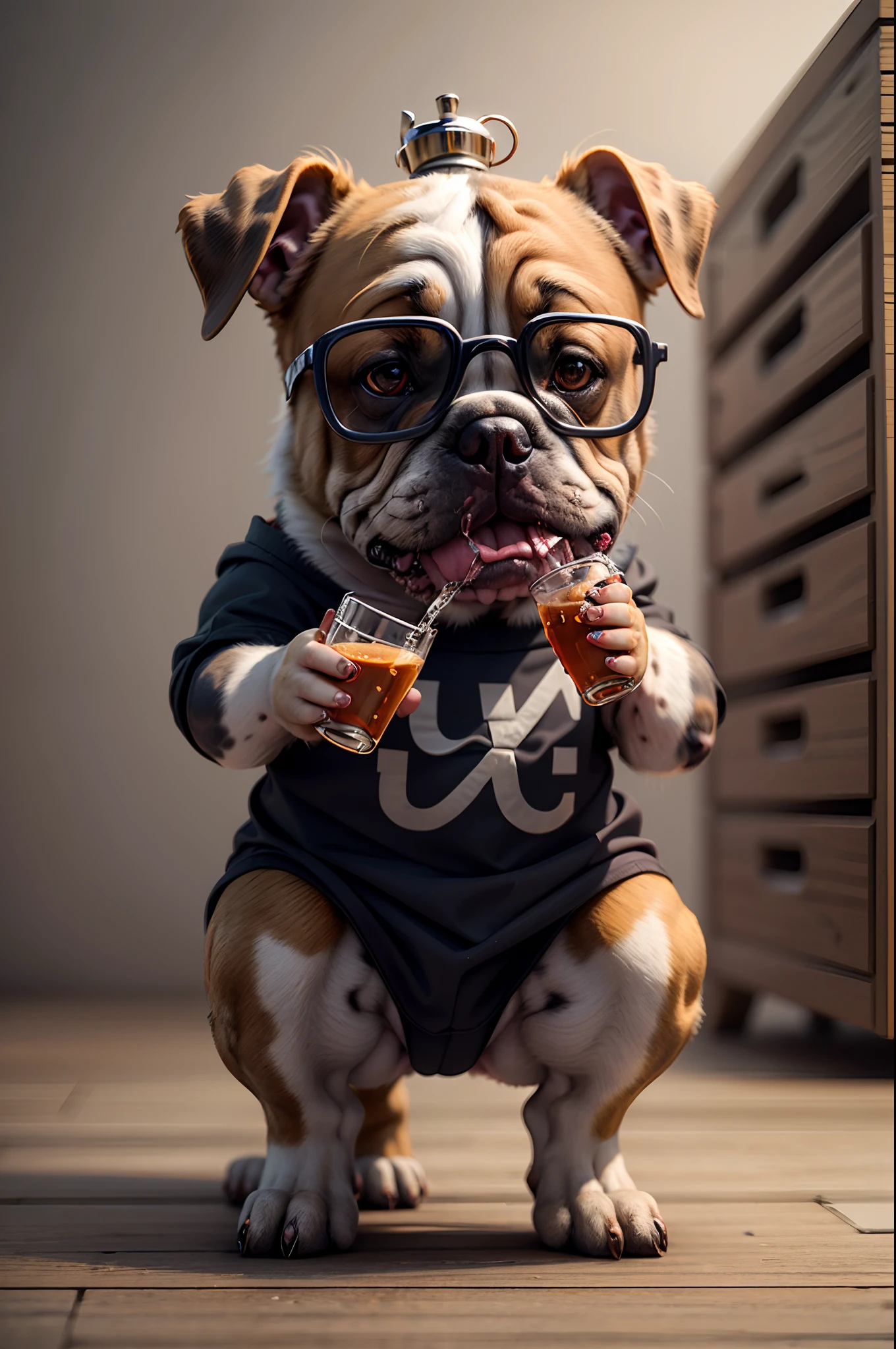 a cute bulldog dog drinking water wearing glasses with clothes very realistic 3D 8k with fine elegant features