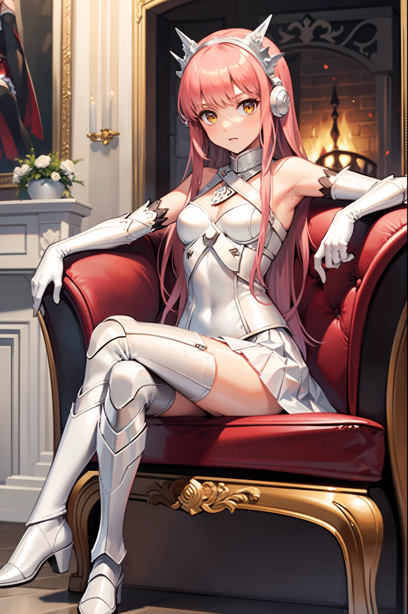 Masterpiece,Best quality, 1girll, Solo, Indoors, fireplace, Sitting, Crossed legs, view the viewer, medb \(fate\), head gear, White elbow gloves, White skirt, White boots, Armor,