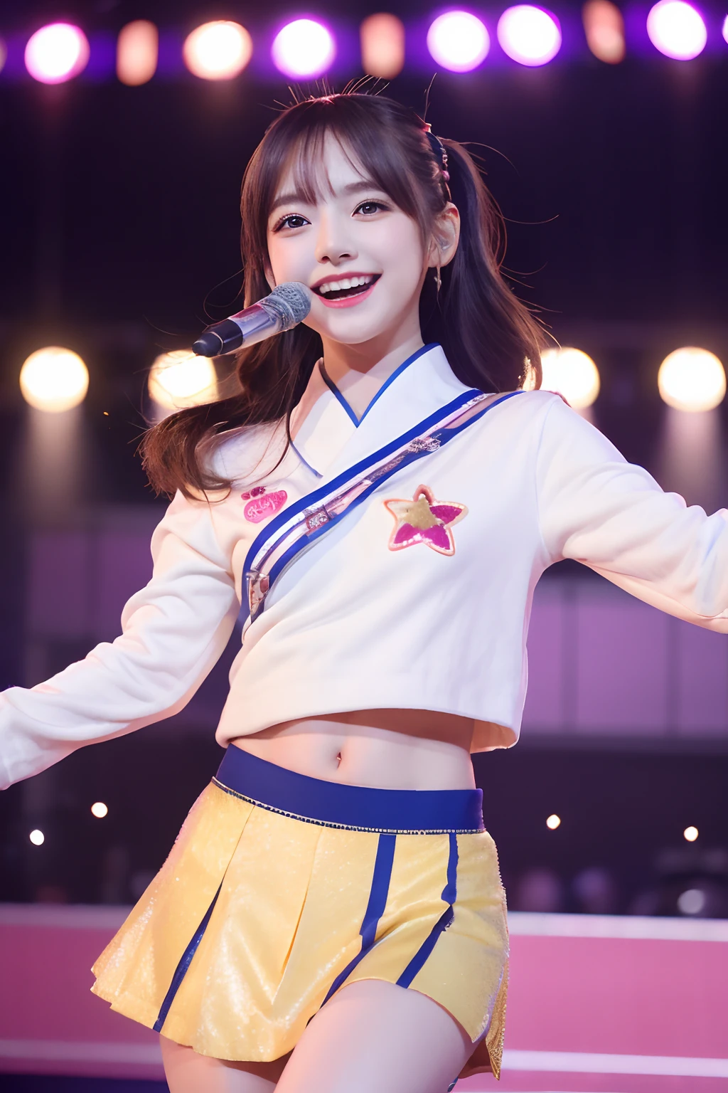 「NSFW」4ｋ、high-detail、japanaese girl、Healthy skin、modeled、Beautiful leg mini skirt、kawaii faces、Popular Japan idols with a smile、Big eye false eyelashes、(((Dancing and singing on stage)))、Lit up、Glittering costumes