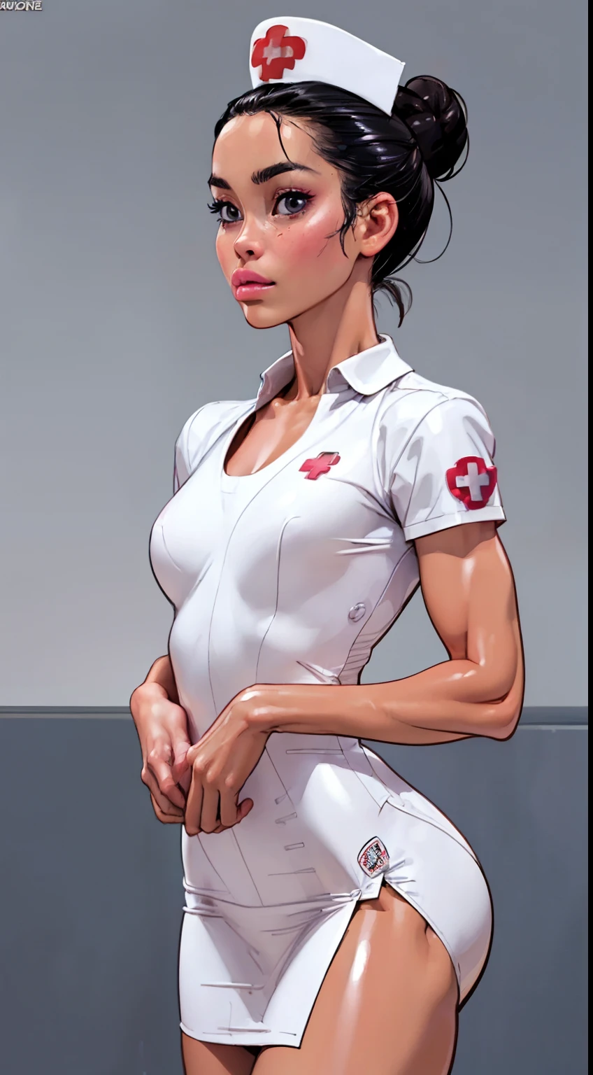 (Cowboy shot:1.5) 1 Same Girl , Perfect Beautiful , mature Face , ((korean woman)), Korean 18 Years Old , ((hair bun)) , ((white nurse outfit)), ((nurse cap:1.4)), (buttoned up nurse uniform) Athletic Body , ((small breasts:1.5)) Extreme Detailed Portrait With Bokeh Effect , Realistic Lighting ,(long latex dress)Night Street View , Dark Vibe , (petite body:1.7) hospital , Gothic Makeup  , Posing Like a Model , Look at Viewer, ((puffy lips:1.3)), cool lighting, blue street lamp light((sunset ambiance light:0.8))