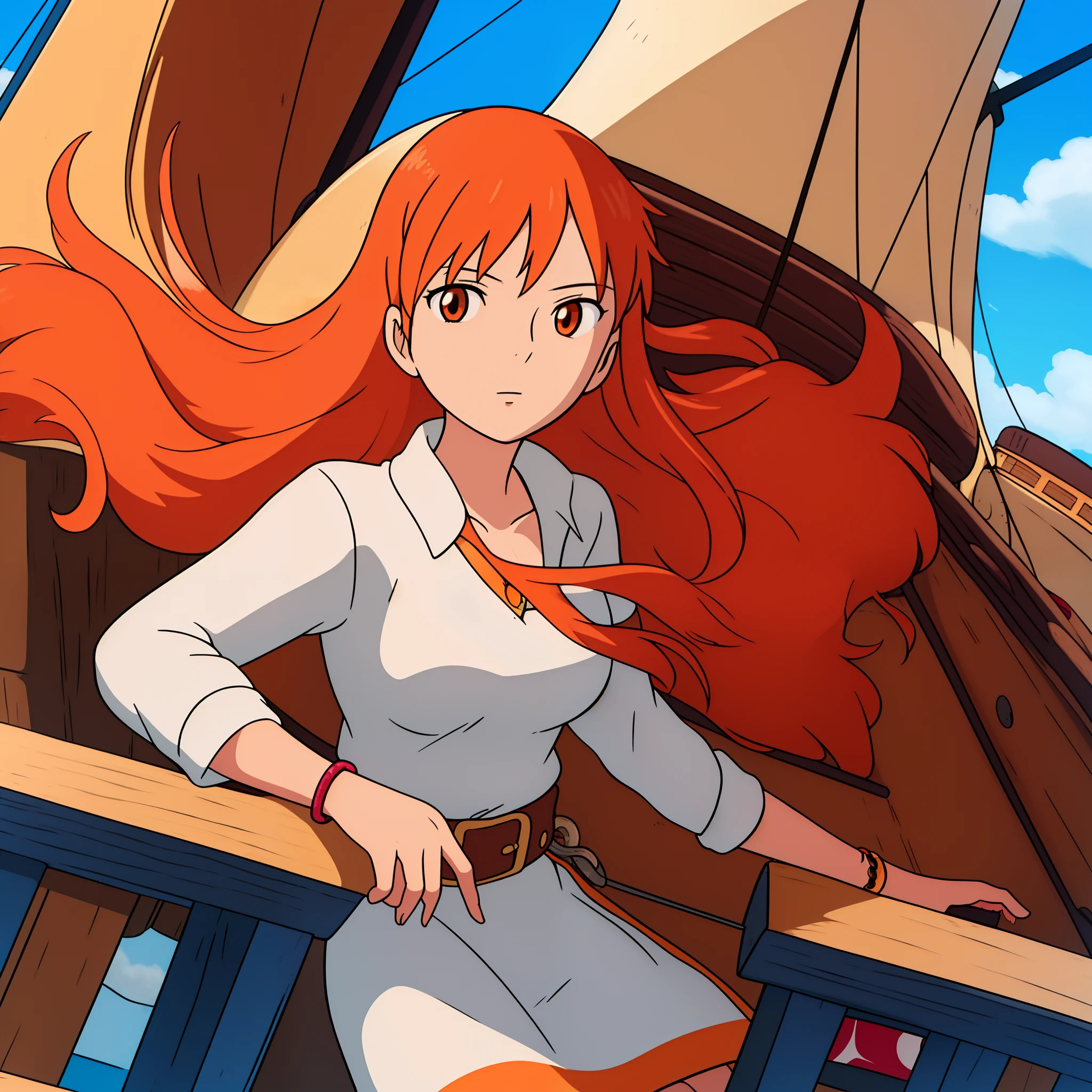 ((best quality)), ((masterpiece)), ((detailed background)), ((high quality illustration)), 1girl, wanostyle, nami 1800, long silky hair, orange eyes, high nose, sharp eyes, upper body, noble, inviolable temperament, female, goddess beauty, pirate ship background, blue sky, clouds, bracelets, white long sleeve, mini dress, donned another belt, bright eyes, miyazaki hayao