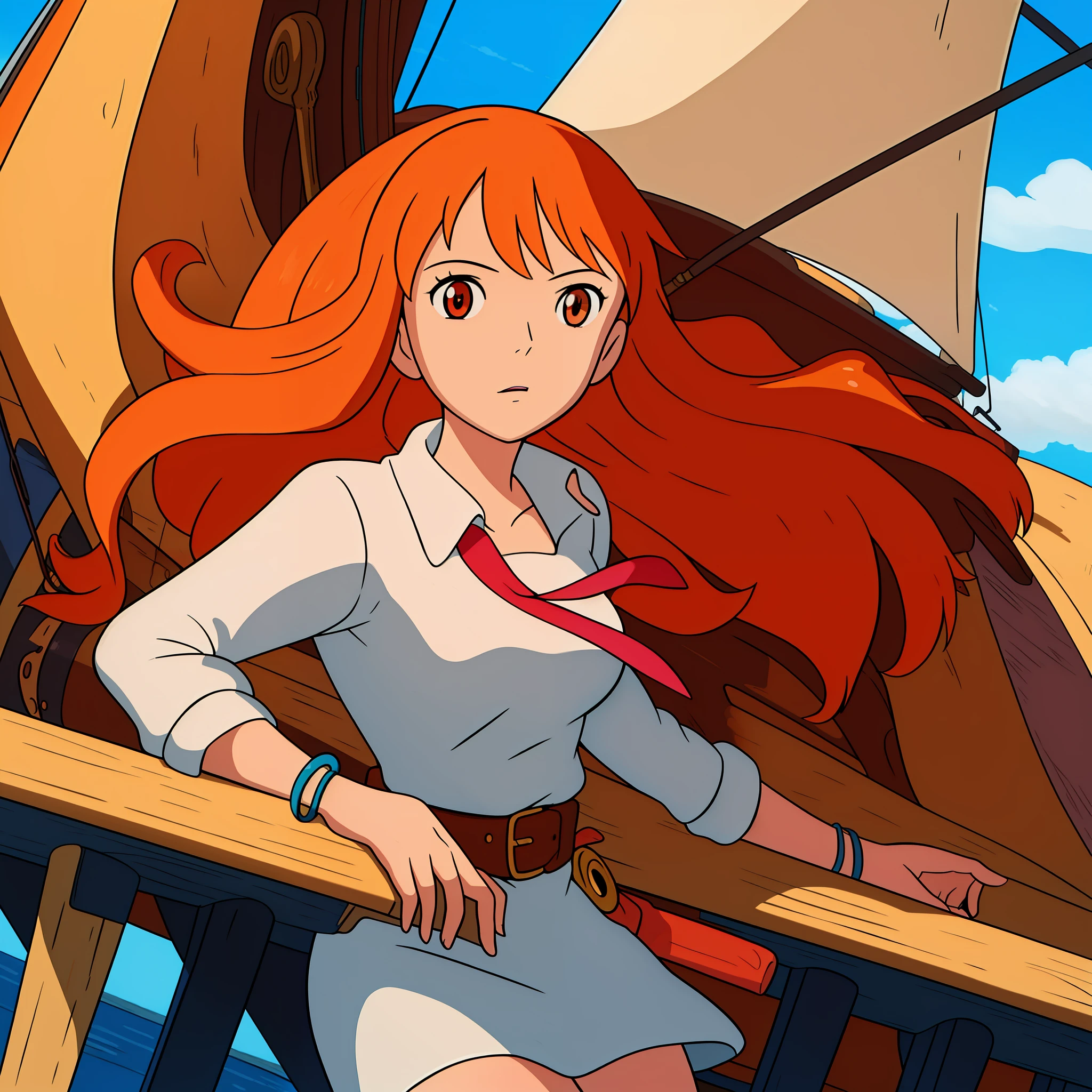 ((best quality)), ((masterpiece)), ((detailed background)), ((high quality illustration)), 1girl, wanostyle, nami 1800, long silky hair, orange eyes, high nose, sharp eyes, upper body, noble, inviolable temperament, female, goddess beauty, pirate ship background, blue sky, clouds, bracelets, white long sleeve, mini dress, donned another belt, bright eyes, miyazaki hayao