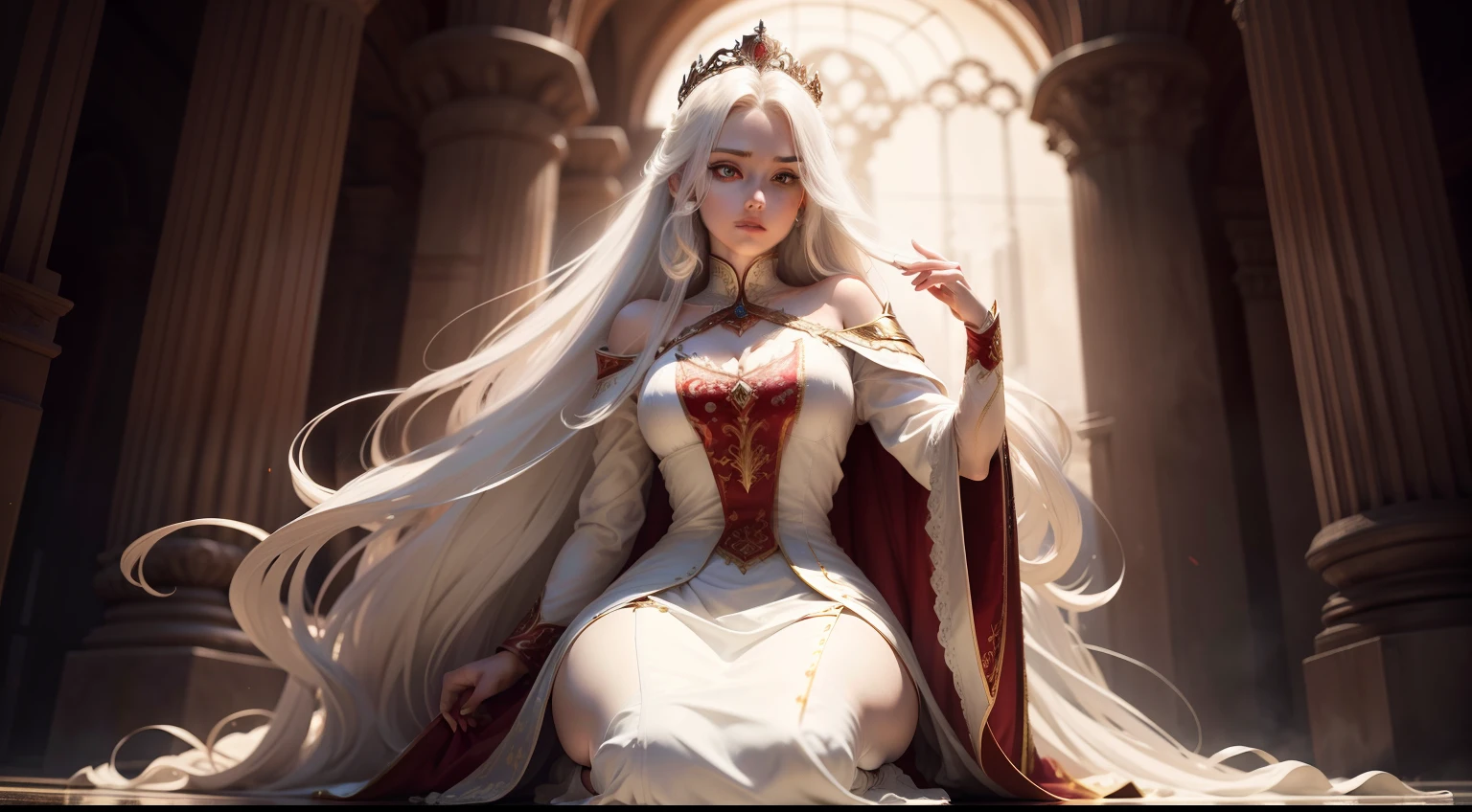 An extremely beautiful woman, Delicate facial features, perfect face. Long white flowing hair that cascades to the ground, red eyes, wearing a regal gown, the action is ethereal. Surrounding her are people from the city, She is being kneeling and being crowned, the scene in a throne room. The king stands above her, sword placed on her shoudler. There is blood surrounding her. The color tone is cool, Incorporating rich fantasy elements. Full body and panorama.