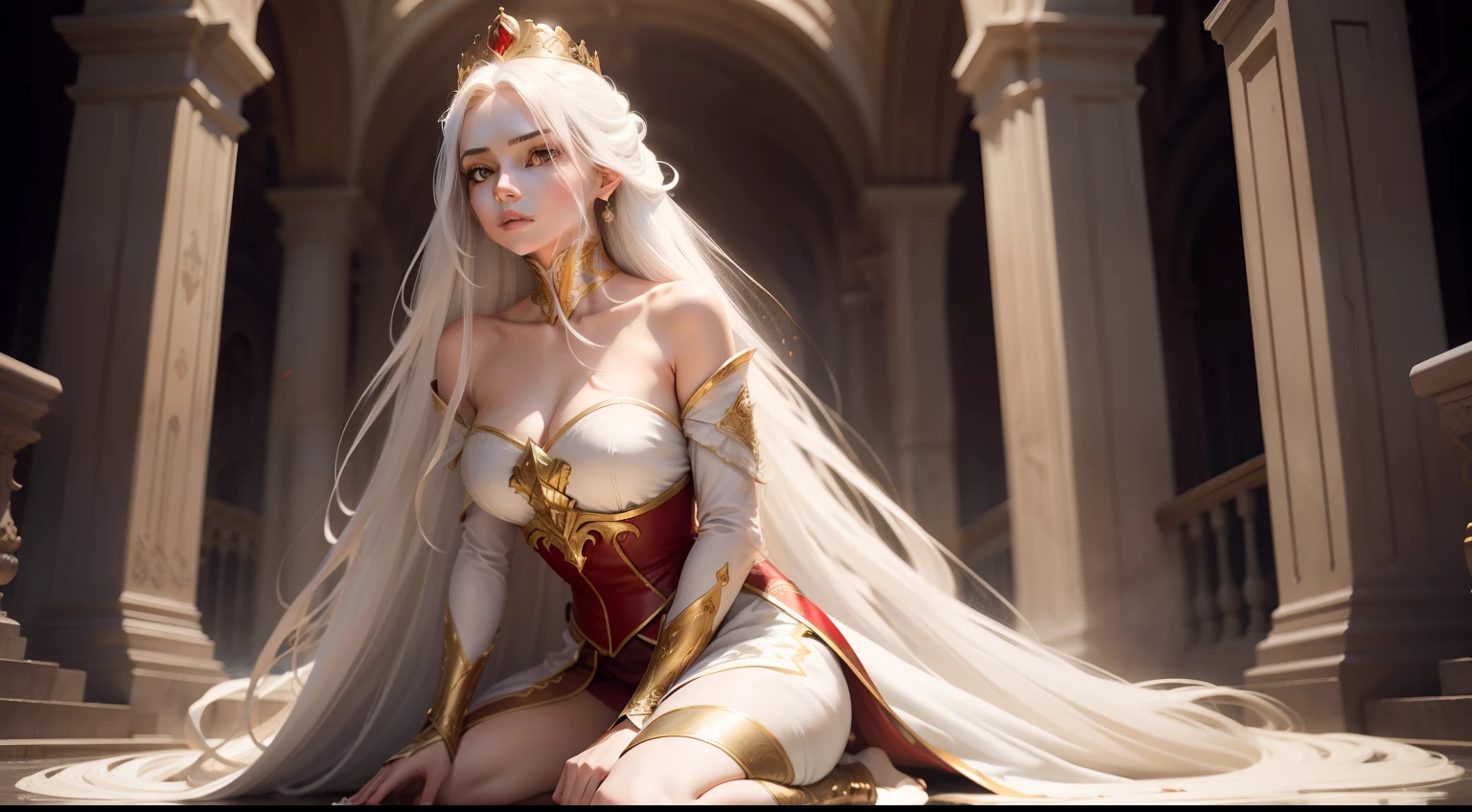 An extremely beautiful woman, Delicate facial features, perfect face. Long white flowing hair that cascades to the ground, red eyes, wearing a regal gown, the action is ethereal. Surrounding her are people from the city, She is being kneeling and being crowned, the scene in a throne room. The king stands above her, sword placed on her shoudler. There is blood surrounding her. The color tone is cool, Incorporating rich fantasy elements. Full body and panorama.