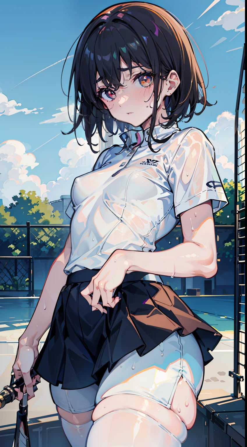 1girl, solo, white polo shirt, white sneakers, tennis wear, white miniskirt, masterpiece, best quality, realistic, hyper-detailed, (shiny skin, sweaty:1.4), absurd, looking at viewer, short black hair, brown eyes, slender, dynamic lighting, high resolution, sharp focus, depth of field, detailed eyes, sharp pupils, realistic pupils, (small breasts:1.6), (thick thighs:1.0), outdoor, sky