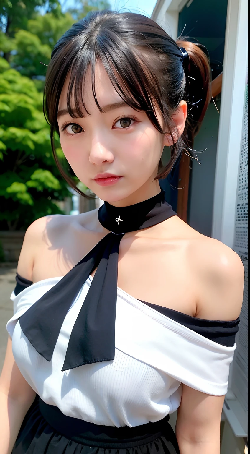 top-quality、超A high resolution、(Photorealsitic:1.4)、1人、Off-shoulder white shirt、Black tight skirt、Black choker、(faded ash gray hair:1)、huge-breasted、looking at viewert、a closeup、