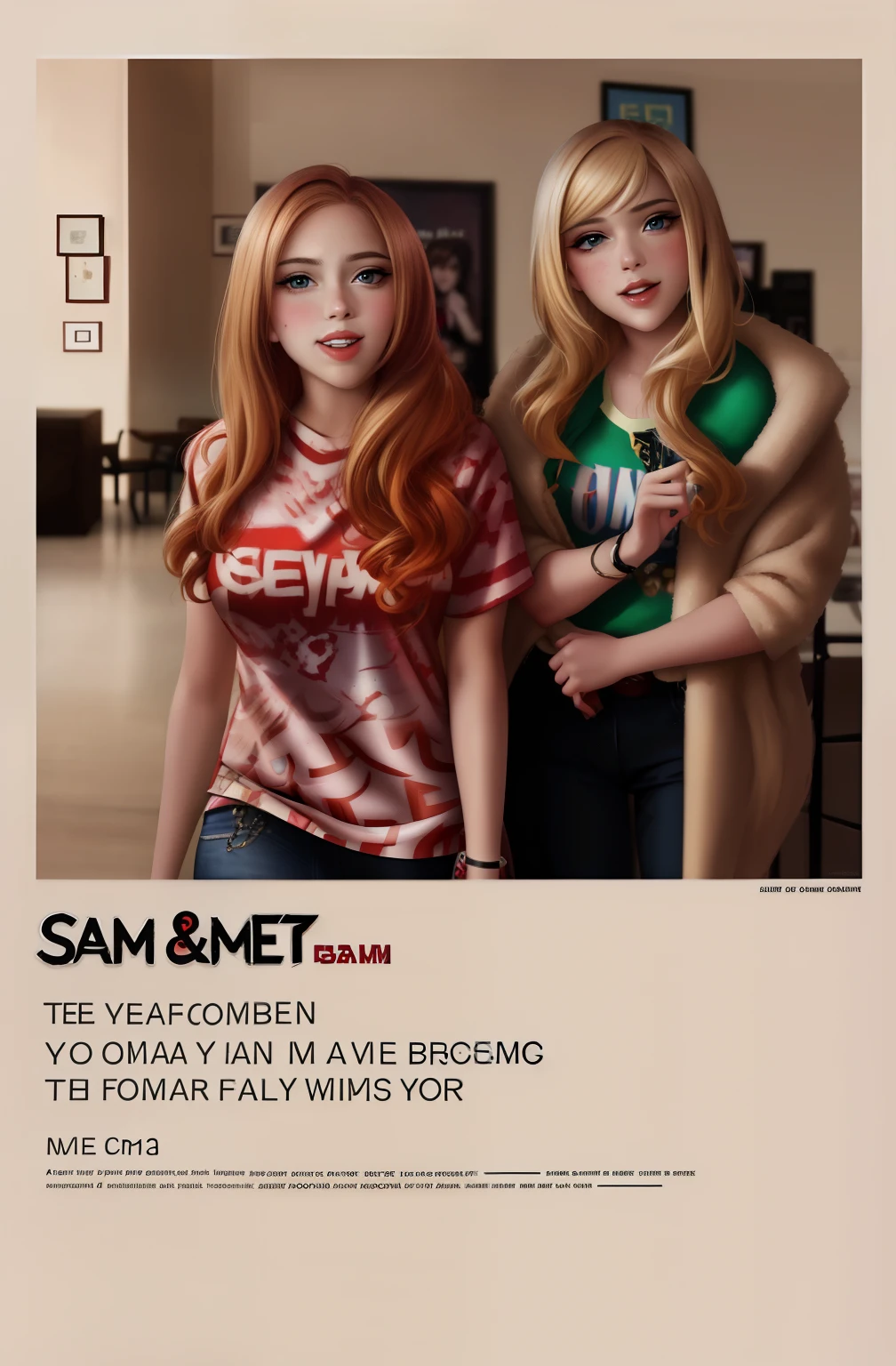 a close up of a blonde woman standing next to a  woman with red dyed hair, promo poster, promotional poster, sam&cat, promotional art, official print, 2013, cast, sitcom, official poster, playbill, promotional movie poster, trading card, promo material, fan art, hd, Ariana Grande, Jennette McCurdy