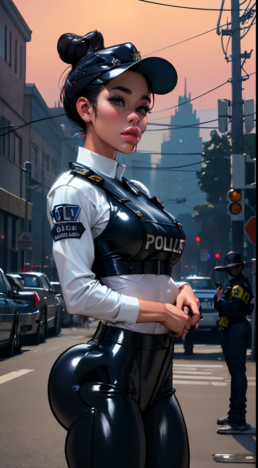 (Cowboy shot:1.5) 1 Same Girl , Perfect Beautiful , mature Face , ((korean woman)), Korean 18 Years Old , ((large hair bun:1.4)) , ((police officer outfit)), ((police cap:1.5)),Athletic Body , ((small breasts:1.5)) Extreme Detailed Portrait With Bokeh Effect , Realistic Lighting ,(latex pants)Night Street View , Dark Vibe , (petite body:1.7) streets , Gothic Makeup , Posing Like a Model , Look at Viewer, ((puffy lips:1.3)), cool lighting, blue street lamp light((sunset ambiance light:0.8))