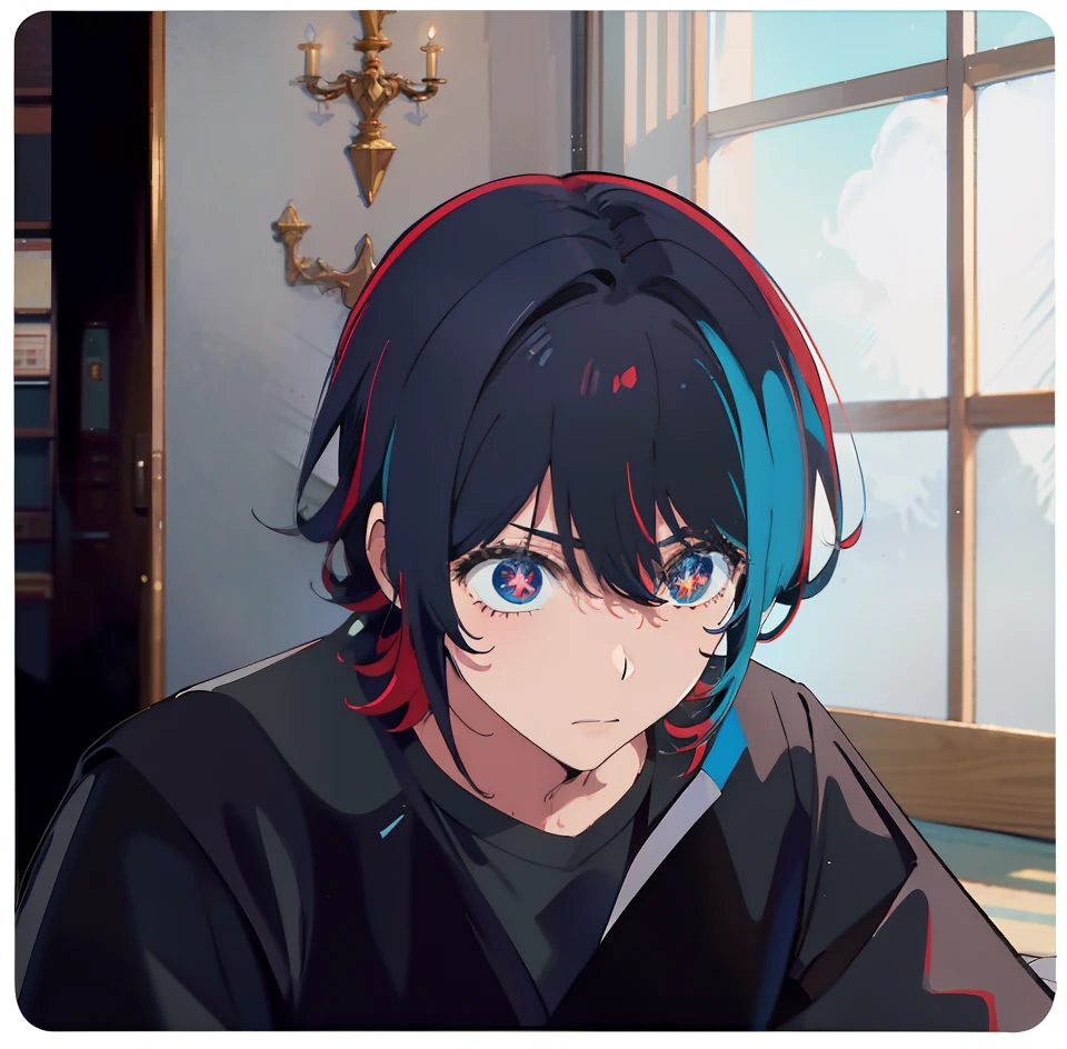 menino anime, masculino, pele clara, cabelo preto, cabelo curto, cabelo pequeno, olhos marrom, White vest with neon blue brazão on sleeve, camisa preta interna, black pants with red details, sala de aula no fundo, janela no fundo.