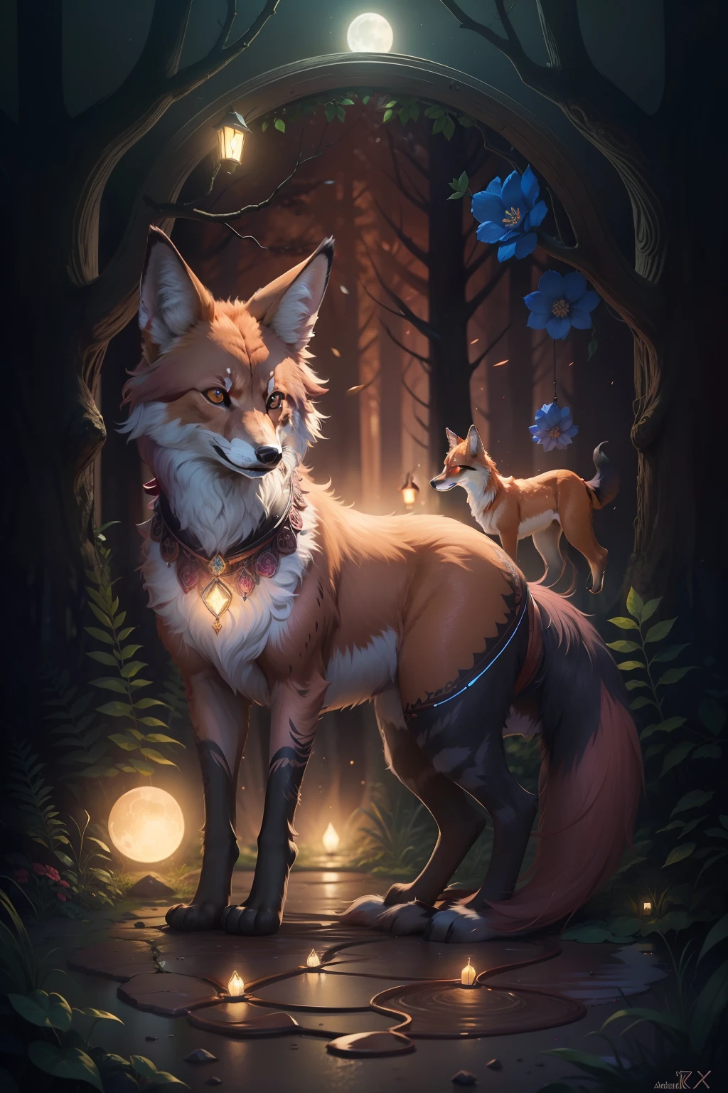 with four legs, a very cute, (maned wolf cat forest fox hybrid animal), solid rich deep brown fur color, very dark forest trail, multi-shades of maroon night flowers that border the trail, wearing a glowing enchanted gemmed collar with bioluminescent blue diamond collar pendant, bioluminescent, full moon-lit, iconography, hints of maroon color, ultra detailed, beautiful and aesthetic, High quality, beautiful, masterpiece, best quality, (zentangle, mandala, tangle, entangle :0.6), 24k resolution, photorealistic.