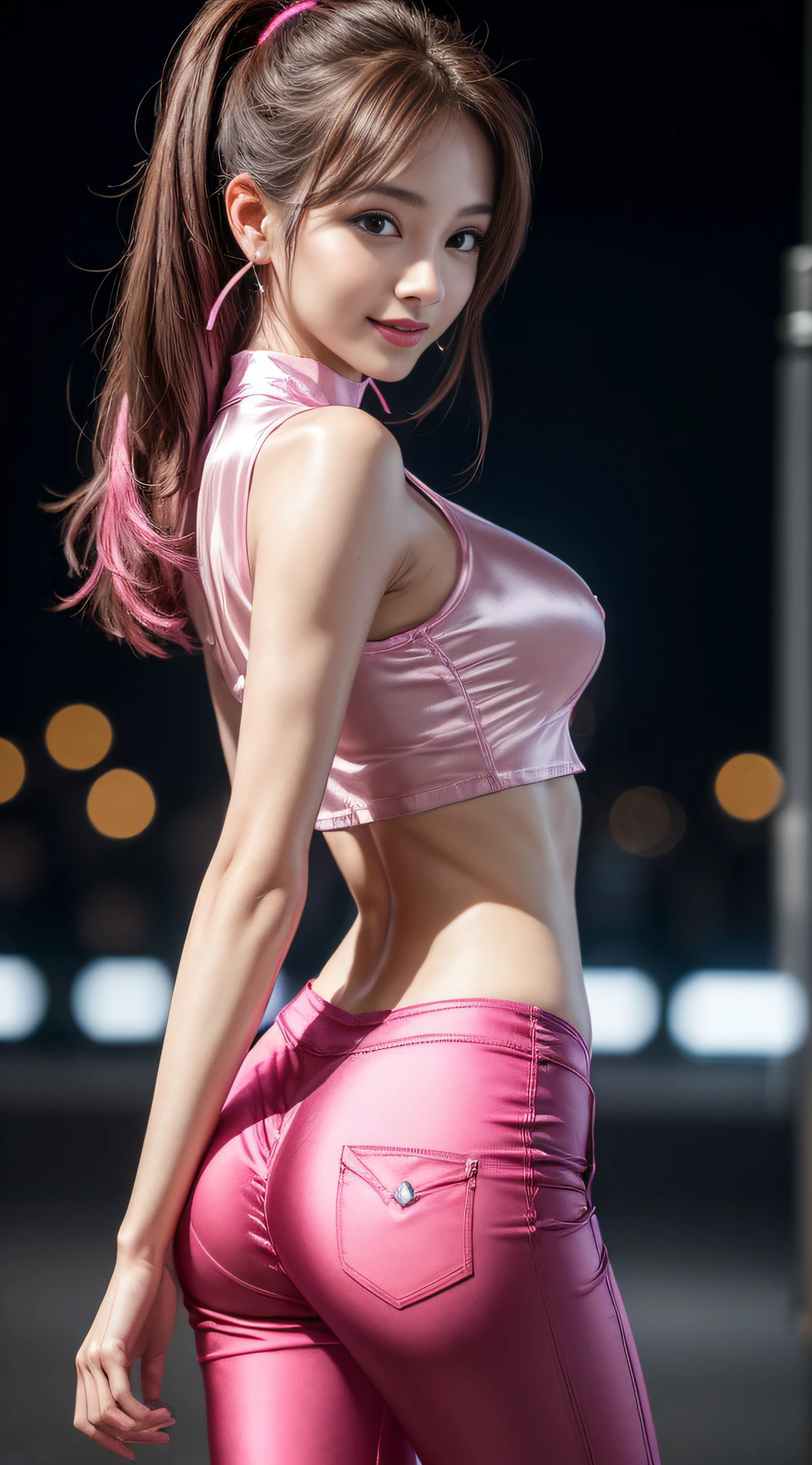 8k, masterpiece, RAW photo, best quality, photorealistic, extremely detailed CG unity 8k wallpaper, Depth of field, Cinematic Light, Lens Flare, Ray tracing, (extremely beautiful face, beautiful lips, beautiful eyes), intricate detail face, ((ultra detailed skin)) 1girl, in the dark, deep shadow, pretty korean girl, kpop idol, 1 girl, (very slim slender fit-muscled body:1.3), ((looking at viewer)),(big smile:1.3), (tight pink pants), (laced pants), (midnight, dark night, (neon sign), (blurred background), dim light), (without people in the background:1.3), beautiful earrings, bracelets, necklace, pantyhose, clear eyes, walking , front shot, (pale skin), (big eyes), face forward, (full body shot), ((silk hot pink shirt)), (brown hairs), (laced shirt), open navel, (looking at viewer:1.3) very slim, medium breasts, (camel toe), thick thighs, turn back, ((back shot))