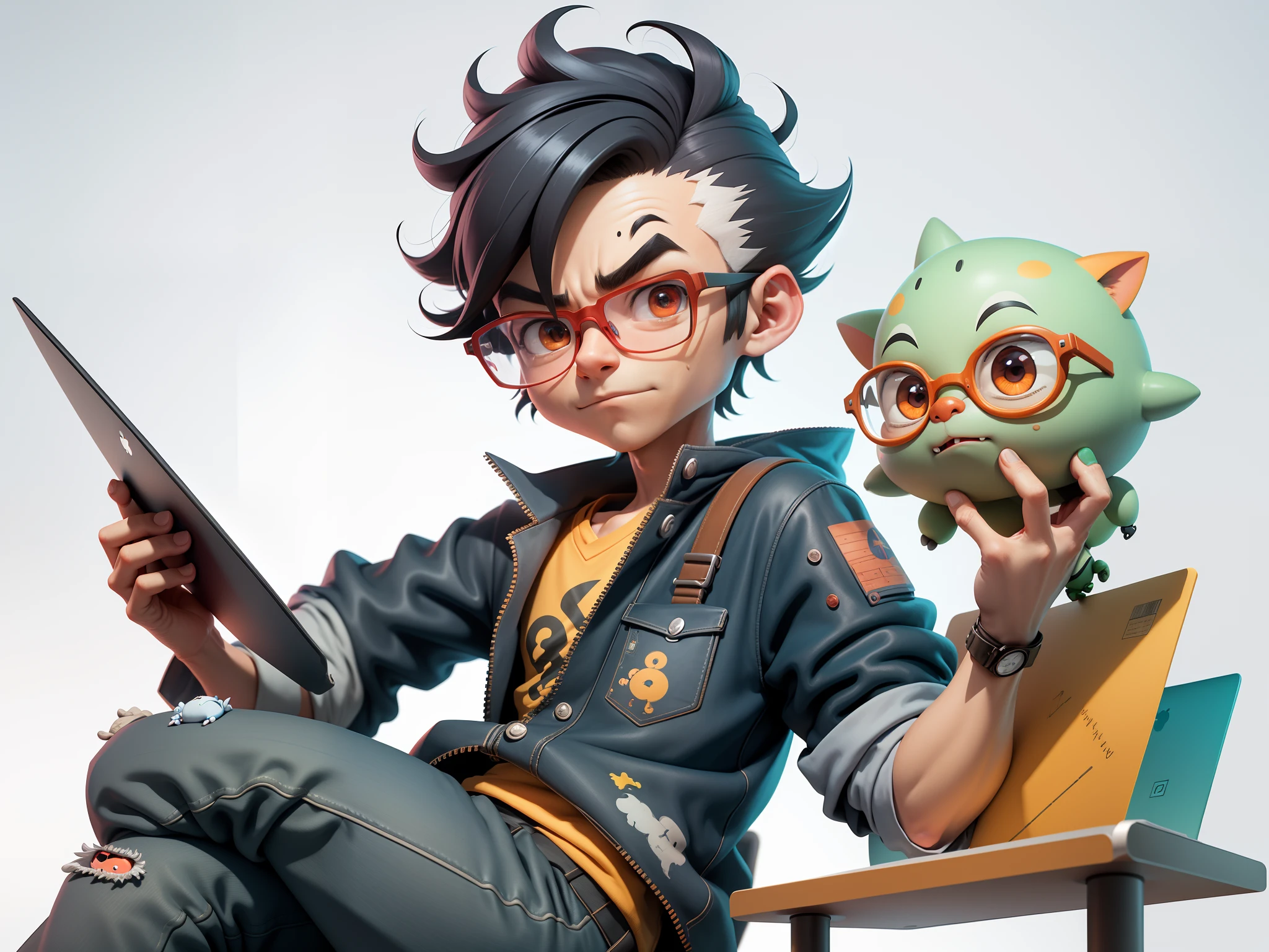 A young man with glasses sits at his desk,holding laptop,digitial painting,3D character design by Mark Clairen and Pixar and Hayao Miyazaki and Akira Toriyama,4K HD illustration,Very detailed facial features and cartoon-style visuals。