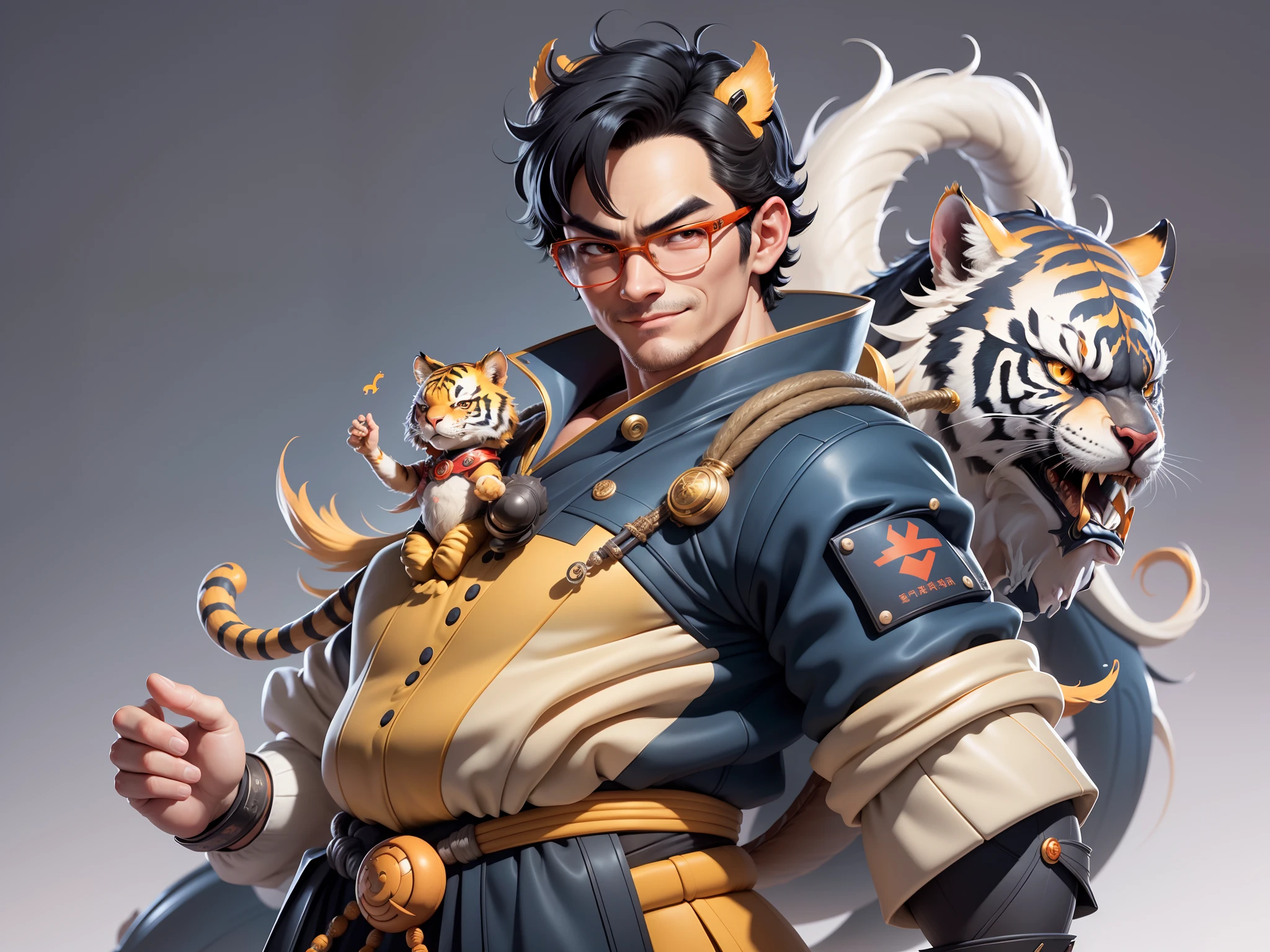 (Masterpiece), (Excellent), (Super Meticulous), (Full Body: 1.2), Super Young Man with Japanese Female Geisha, Pretty, Beautiful, Chinese Dragon, Tiger, Wind God Thor, Sexy, Bursting, Oriental Face, TV Anchor, Bust Portrait Illustration, Black Suit, Blue Tie, Slightly Chubby Face, Silver Glasses, Very Clean Face, No Beard on Chin, Black Super Short Hair, Black Eyes, Confident Smile, 3c Computer Sub-Products, iPad, iPhone, Digital Painting, 3D character design by Mark Clairedon and Pixar and Hayao Miyazaki and Akira Toriyama, the illustrations are HD illustrations in 4K resolution with highly detailed facial features and cartoon-style visuals.