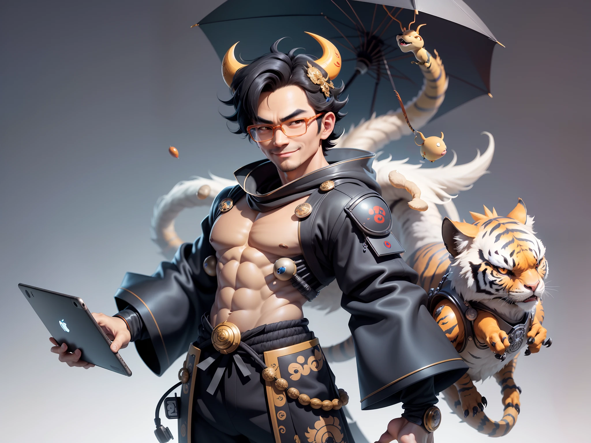(Masterpiece), (Excellent), (Super Meticulous), (Full Body: 1.2), Super Young Man with Japanese Female Geisha, Pretty, Beautiful, Chinese Dragon, Tiger, Wind God Thor, Sexy, Bursting, Oriental Face, TV Anchor, Bust Portrait Illustration, Black Suit, Blue Tie, Slightly Chubby Face, Silver Glasses, Very Clean Face, No Beard on Chin, Black Super Short Hair, Black Eyes, Confident Smile, 3c Computer Sub-Products, iPad, iPhone, Digital Painting, 3D character design by Mark Clairedon and Pixar and Hayao Miyazaki and Akira Toriyama, the illustrations are HD illustrations in 4K resolution with highly detailed facial features and cartoon-style visuals.