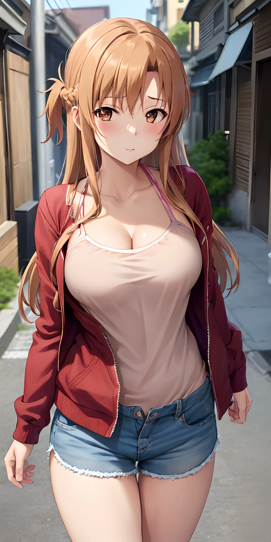(Best quality:1.3), asuna yuuki, light brown hair, large breasts, cleavage, tight camisole, unzipped jacket, shorts, standing, (pov, close shot), street background