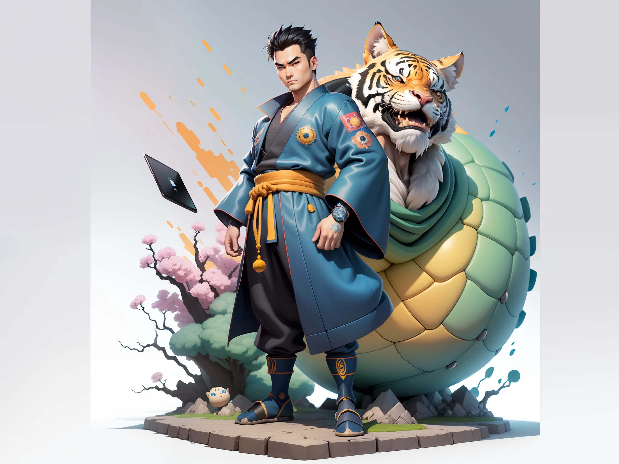 (Masterpiece), (Excellent), (Super Meticulous), (Full Body: 1.2), Super Young Man, Oriental Face, Japanese Kimono, Japanese Wind Thunder God, Dragon, Tiger, TV Anchor, Bust Portrait Illustration, Alone, Black Suit, Blue Tie, Slightly Chubby Face, Very Clean Face, No Beard, Black Super Short Hair, Black Eyes, Confident Smile, 3c Computer Sub-Products, iPad, iPhone, Digital Painting, 3D Character Design by Akira Toriyama and Mark Claireden and Pixar and Hayao Miyazaki, The illustration is a high-definition illustration in 4K resolution with very detailed facial features and cartoon-style visuals.