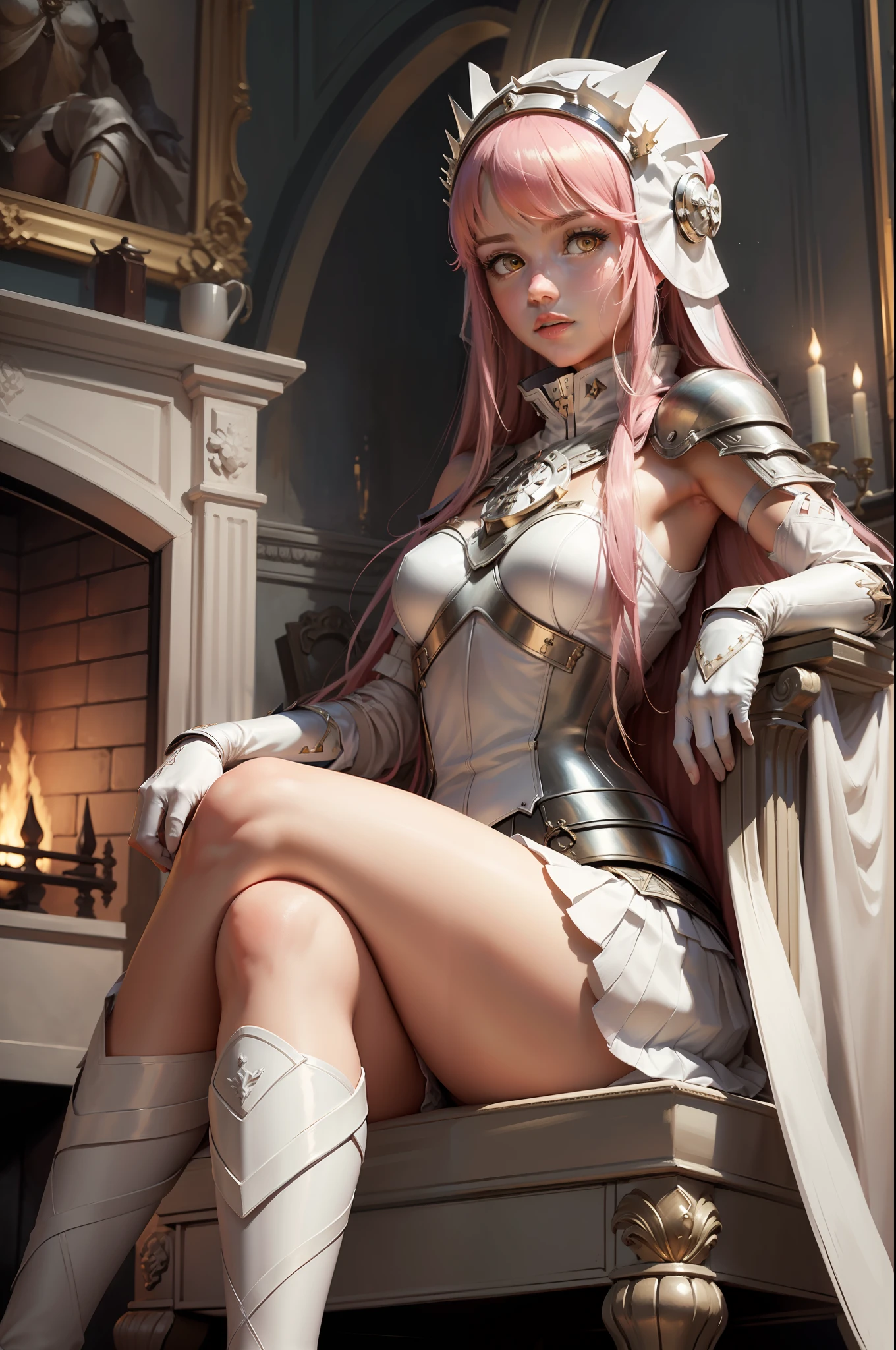 Masterpiece,Best quality, 1girll, Solo, Indoors, fireplace, Sitting, Crossed legs, view the viewer, medb \(fate\), head gear, White elbow gloves, White skirt, White boots, Armor,