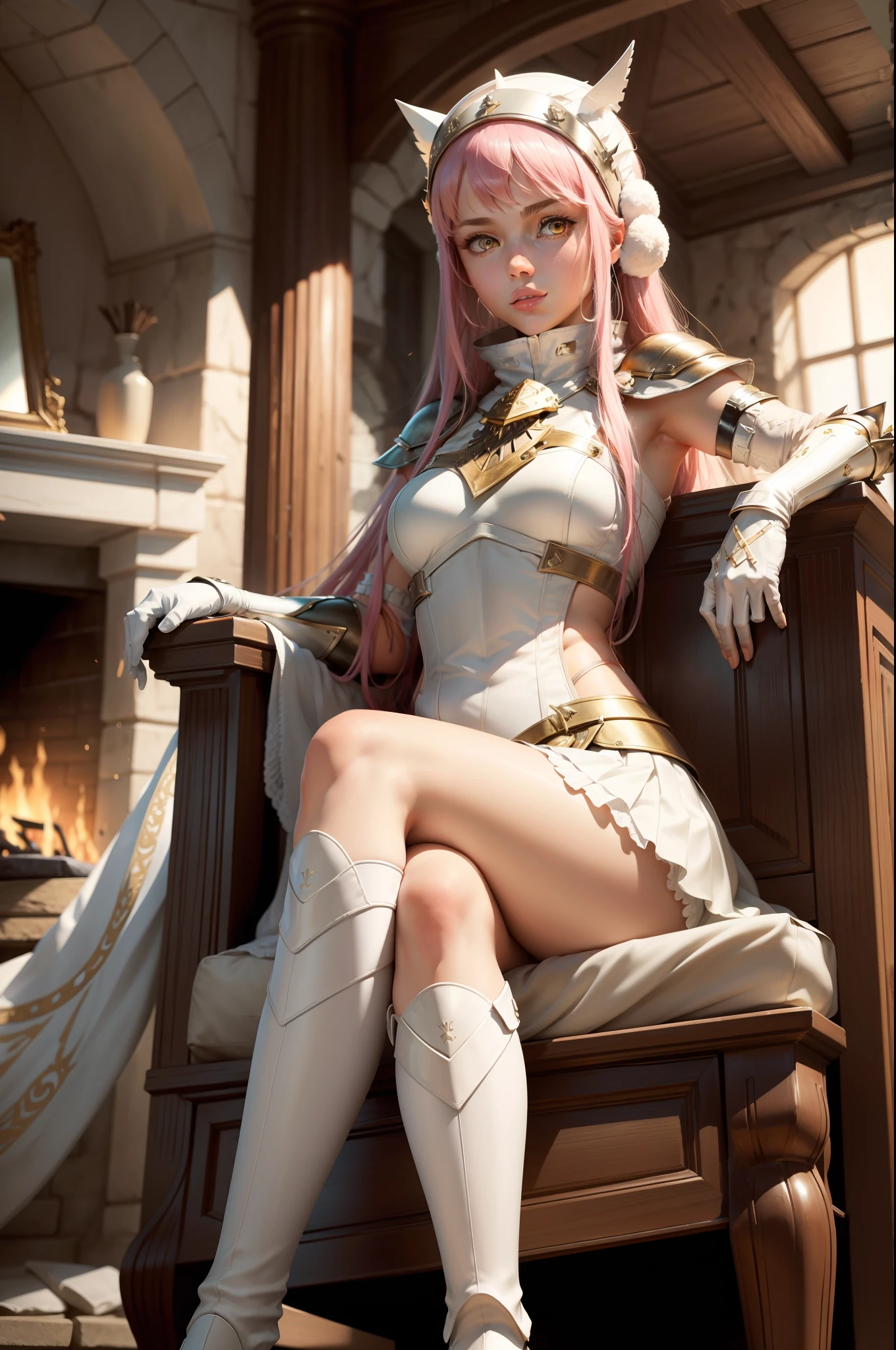 Masterpiece,Best quality, 1girll, Solo, Indoors, fireplace, Sitting, Crossed legs, view the viewer, medb \(fate\), head gear, White elbow gloves, White skirt, White boots, Armor,