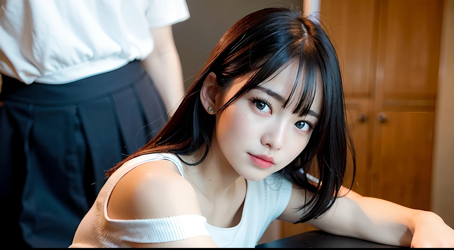 top-quality、超A high resolution、(Photorealsitic:1.4)、1 Japan girl、Off-shoulder white shirt、Black tight skirt、Black Choker、(faded ash gray hair:1)、huge-breasted、looking at viewert、a closeup、