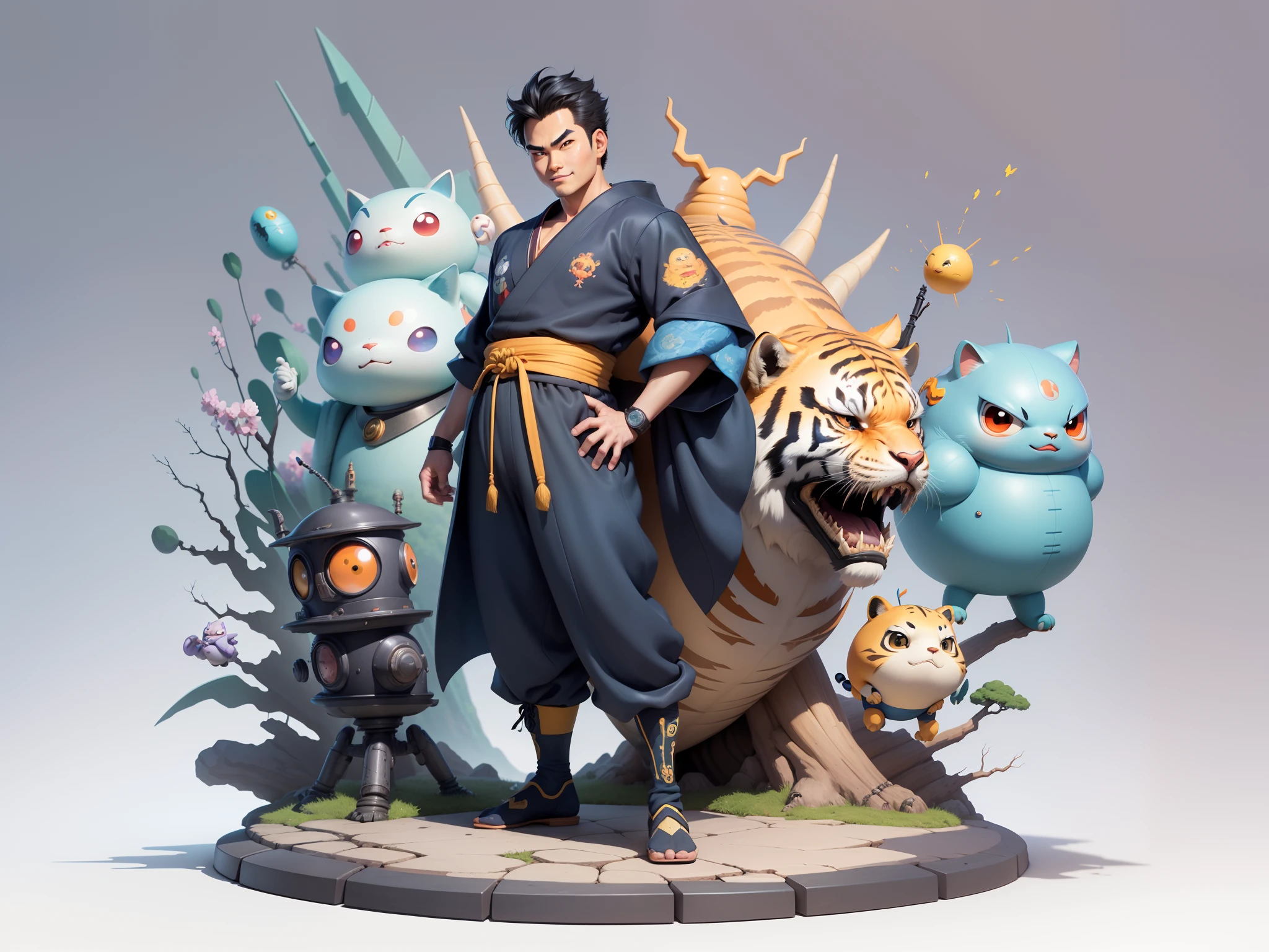 (Masterpiece), (Excellent), (Super Meticulous), (Full Body: 1.2), Super Young Man, Oriental Face, Japanese Kimono, Japanese Wind Thunder God, Dragon, Tiger, TV Anchor, Bust Portrait Illustration, Alone, Black Suit, Blue Tie, Slightly Chubby Face, Very Clean Face, No Beard, Black Super Short Hair, Black Eyes, Confident Smile, 3c Computer Sub-Products, iPad, iPhone, Digital Painting, 3D Character Design by Akira Toriyama and Mark Claireden and Pixar and Hayao Miyazaki, The illustration is a high-definition illustration in 4K resolution with very detailed facial features and cartoon-style visuals.