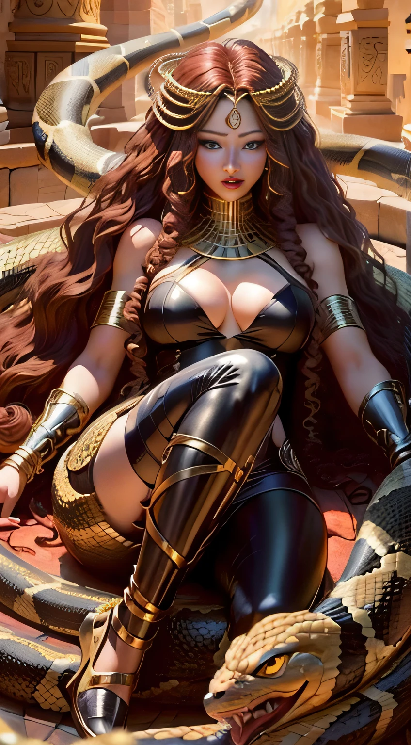 Beautiful Israeli Women,Wearing a red-black aura、Condescending、a blond、A lot of snakes from the arms、Queen of Egypt、beautiful female gorgon,Beauty Medusa long-haired, Goddess of Egyptian mythology, Woman with snake hair、lamia, fierce medusa,goddes,Gorgon, Long fluttering snake hair, snake woman hybrid、Big ass、large full breasts、Shiny with sweat、