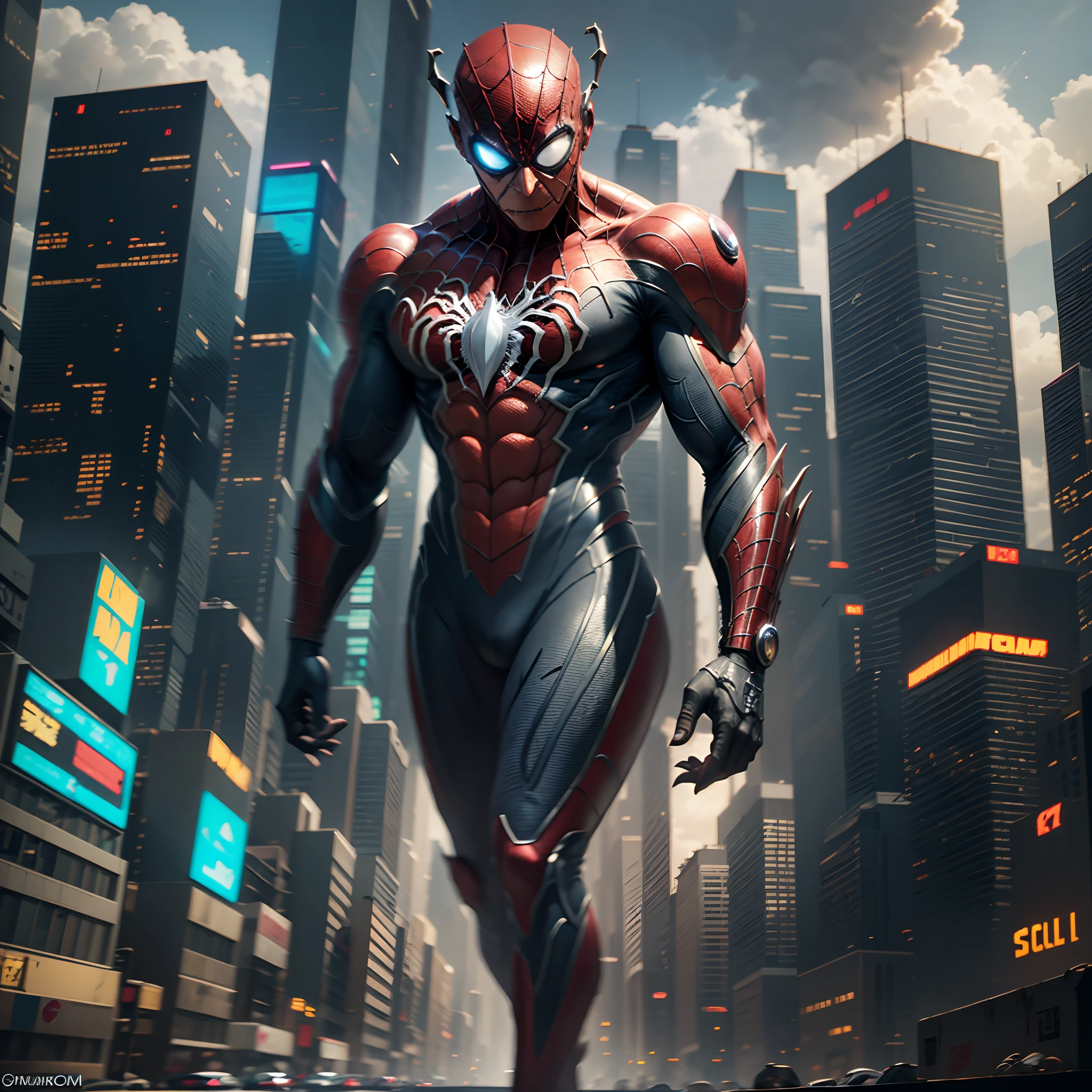 Homem aranha, Cyberpunk, 8k. cidade, sol e alegria