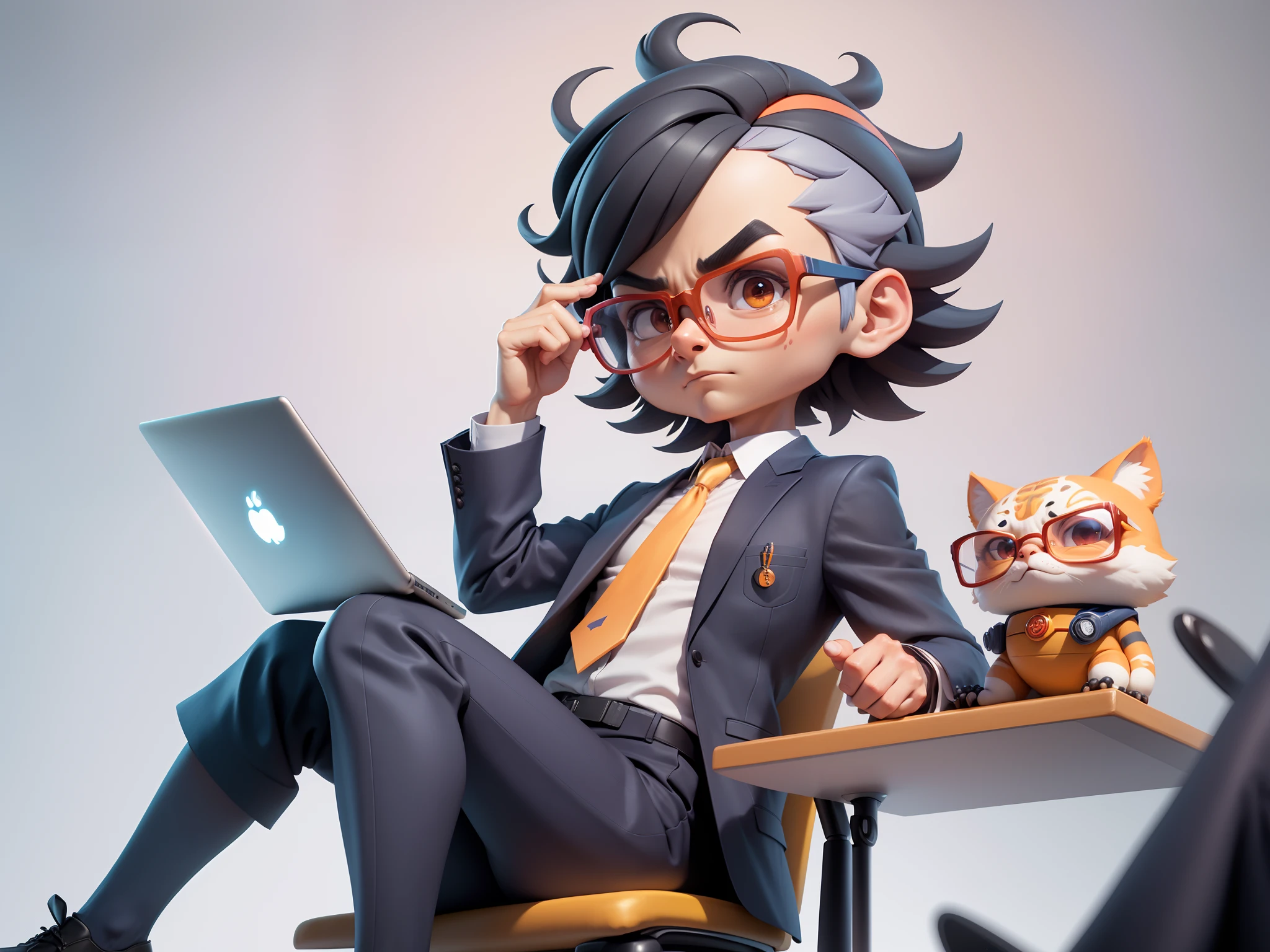 A young man in a suit, Short hair and glasses sat at his desk,holding laptop,digitial painting,tigre,3D character design by Mark Clairen and Pixar and Hayao Miyazaki and Akira Toriyama,4K HD illustration,Very detailed facial features and cartoon-style visuals。