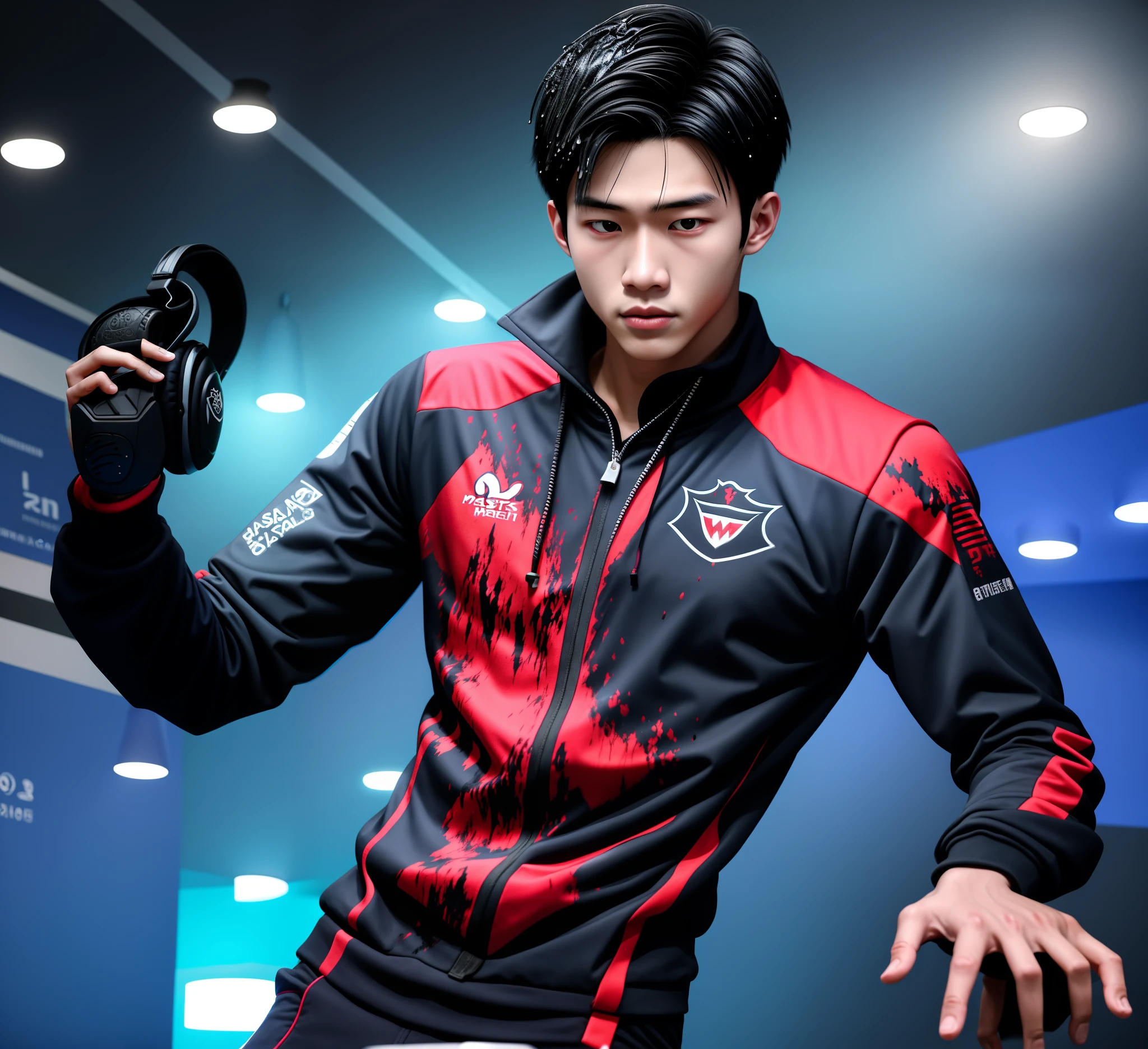 cool guy,23years old,Asian people,Works of masters,Best image quality,Higher quality,high detal,超高分辨率,8K分辨率,Exquisite facial features,Boy student,emaciated,Glowing eyes,short detailed hair,Hair details, Blood,Get wet all over your body,[[Look away,Look to the side,Blood,Emphasize homosexuality and pay attention to every detail ,((((Bulging crotch)Blood))))Earphone,((Gamepad in hand),Esports suits,fights,Blood,Injuries all over the body