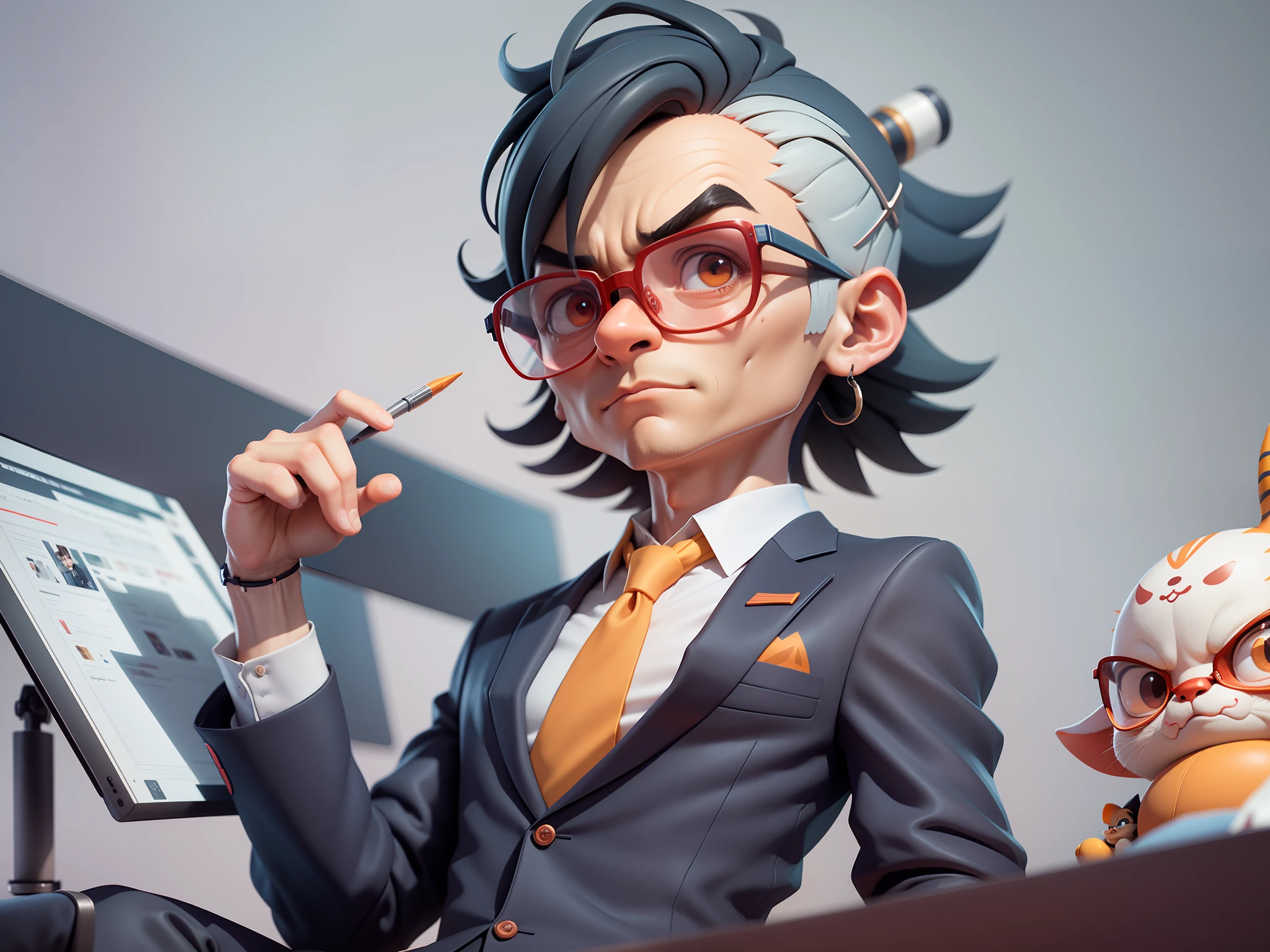 A young man in a suit, Short hair and glasses sat at his desk,holding laptop,digitial painting,tigre,3D character design by Mark Clairen and Pixar and Hayao Miyazaki and Akira Toriyama,4K HD illustration,Very detailed facial features and cartoon-style visuals。