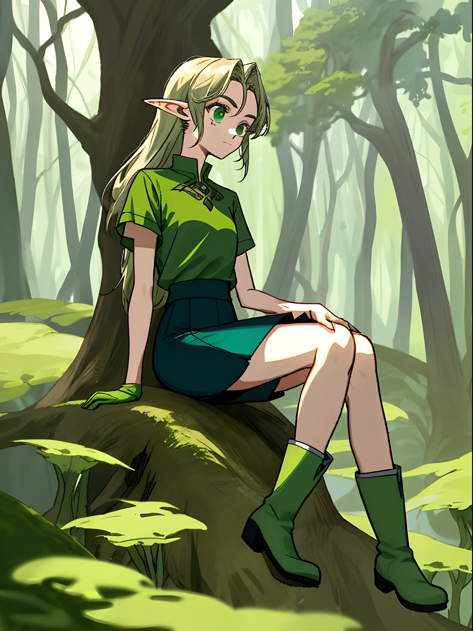 Western Phantom Elves(female pervert),One guy,Beth,Sitting,Green boots,green-shirt,Green and white want to add a short skirt,No underskirt,Delicate facial features,eighteen years old,Green forest in background