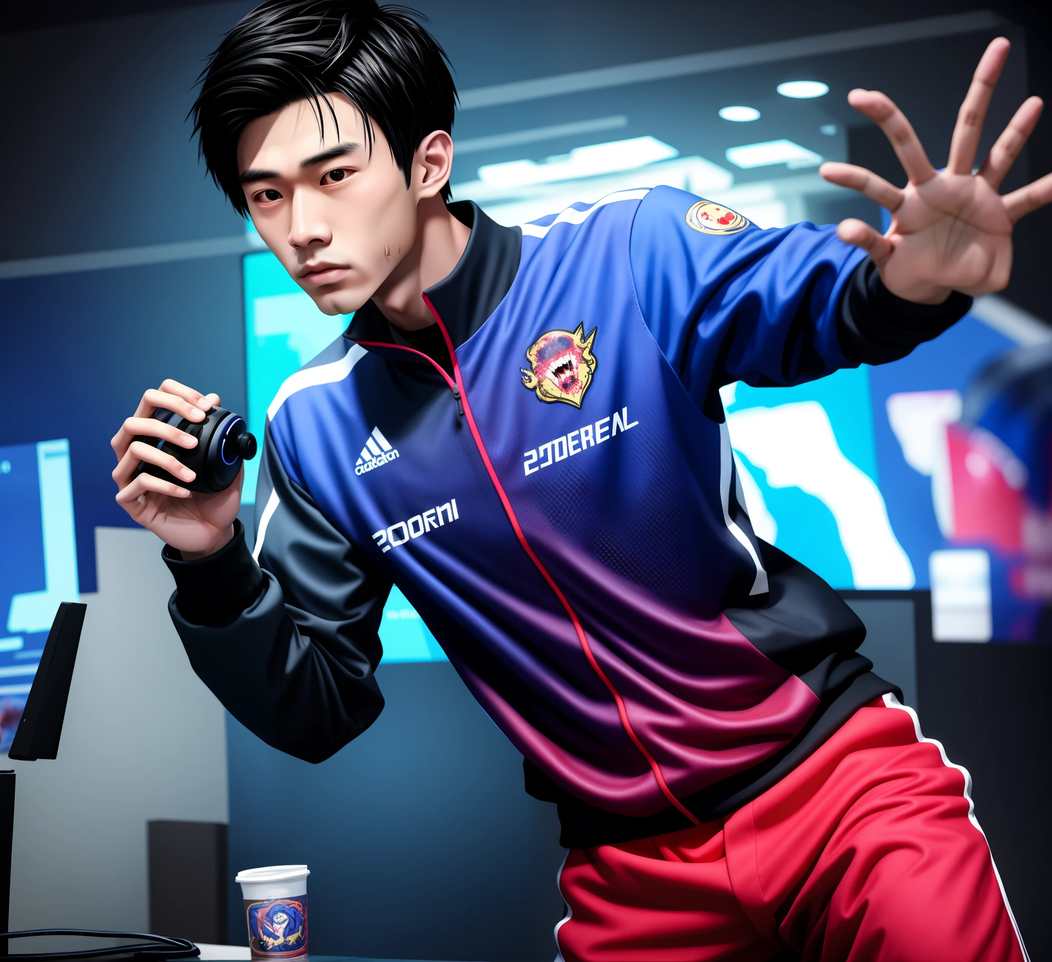 cool guy,23years old,Asian people,Works of masters,Best image quality,Higher quality,high detal,超高分辨率,8K分辨率,Exquisite facial features,Boy student,emaciated,Glowing eyes,short detailed hair,Hair details, Blood,Get wet all over your body,[[Look away,Look to the side,Blood,Emphasize homosexuality and pay attention to every detail ,((((Bulging crotch)Blood))))Earphone,((Gamepad in hand),Esports suits,fights,Blood,Injuries all over the body