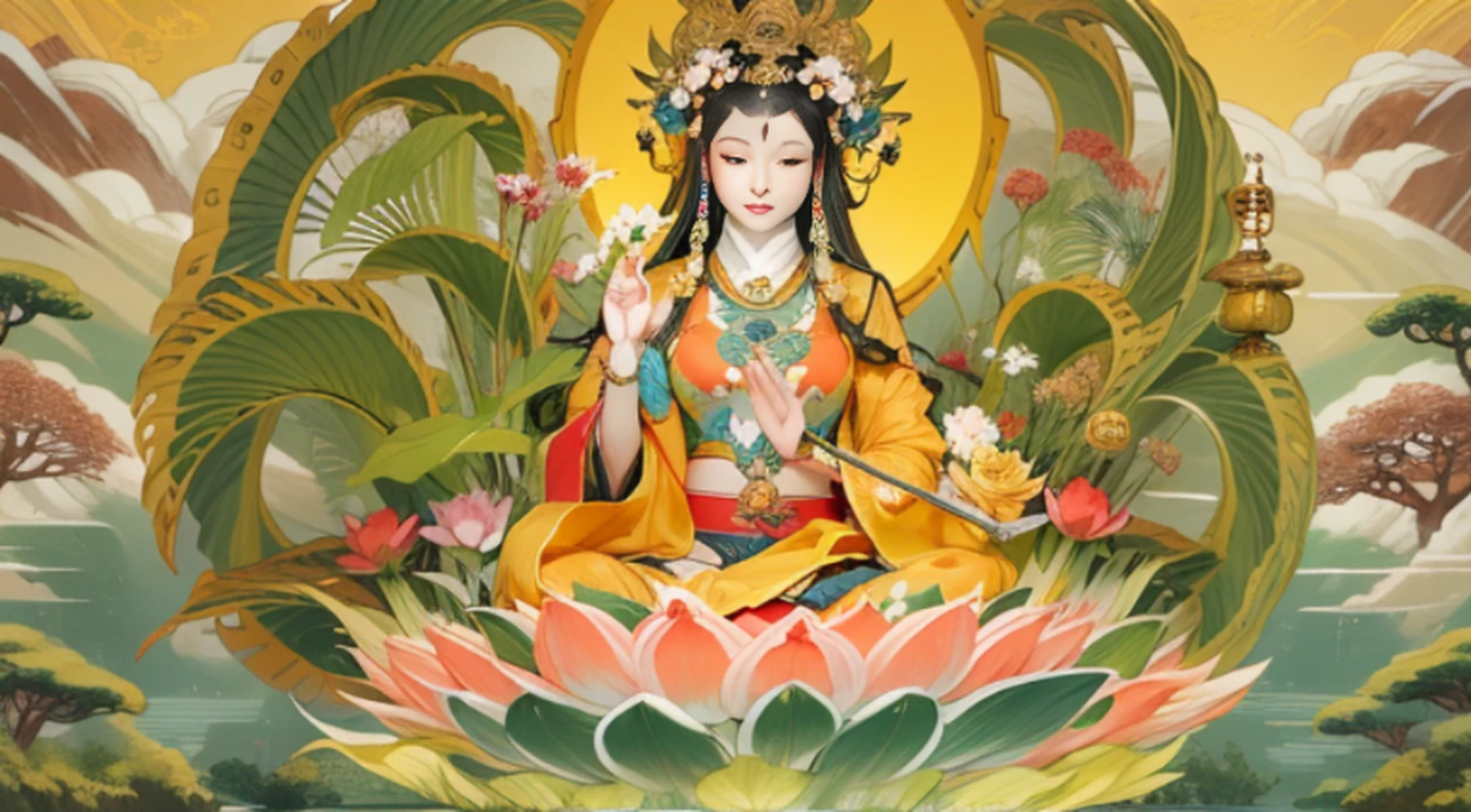 Beutiful women,Greenskin sits on a lotus,Wearing a delicate gold crown,beautiful countenance,Beautiful big eyes looking at the gaze of the audience,Pinch the flower stem with one hand,The other palm is facing outward,Barefoot on both feet,Lotus terrace,with blue sky and white clouds,(primitive:1.2),(realisticlying:1.4),(Sharpness:1.2),(A woman who is), old,(((body high:1.5))),(((Green skin))),(((Gemstones refract dazzling light))),((middlebreast:1)),(Abs:0.7),(glute:1.2),(Healthy green skin, Thin skin, seductiveexpression, 二重まぶた,Jelly textured lips, Glowing lips,Small upturned lips,There is an eye in the middle of the forehead,((Yellow pleated bra)),Shiny skin,(((Green skin texture))),Real pores,ctextured skin,choker necklace,Yingluo,(Wear gemstones,pearls,hisui,amber,),(Dynamic hair,Hair hanging down the shoulders,Beaded hairpins,Nobile,),Glossy glossy skin,greenish skin,eyes looking at the lens,The sky behind your head is illuminated by a circle of light,The background is blue sky, High quality detailing, exquisite detailing,Cinematic lighting,,absurderes, unbelievable Ridiculous, hugefilesize, ultra - detailed, A high resolution, The is very detailed,best qualtiy,tmasterpiece,illustratio,The is very detailed,CG,unified,8k 壁纸,Amazing Cleavage,finely detailled,tmasterpiece,(((dynamicposes))), ((Correct anatomy)),(((Correct dissection))