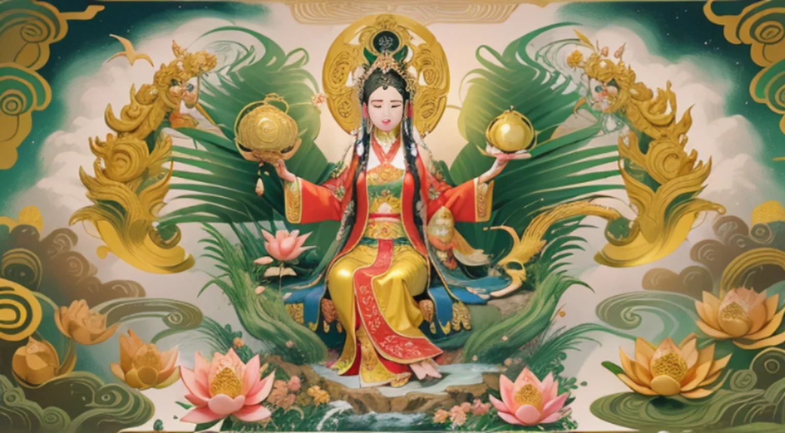 uma antiga deusa chinesa, Guanyin dos Mares do Sul, Guanyin, Inspirado na China, Avalokiteshvara rides a phoenix，,serene expression,Shui Mo Hua,Buda,budista,lotuses,Estilo de pintura chinesa,Estilo Thangka