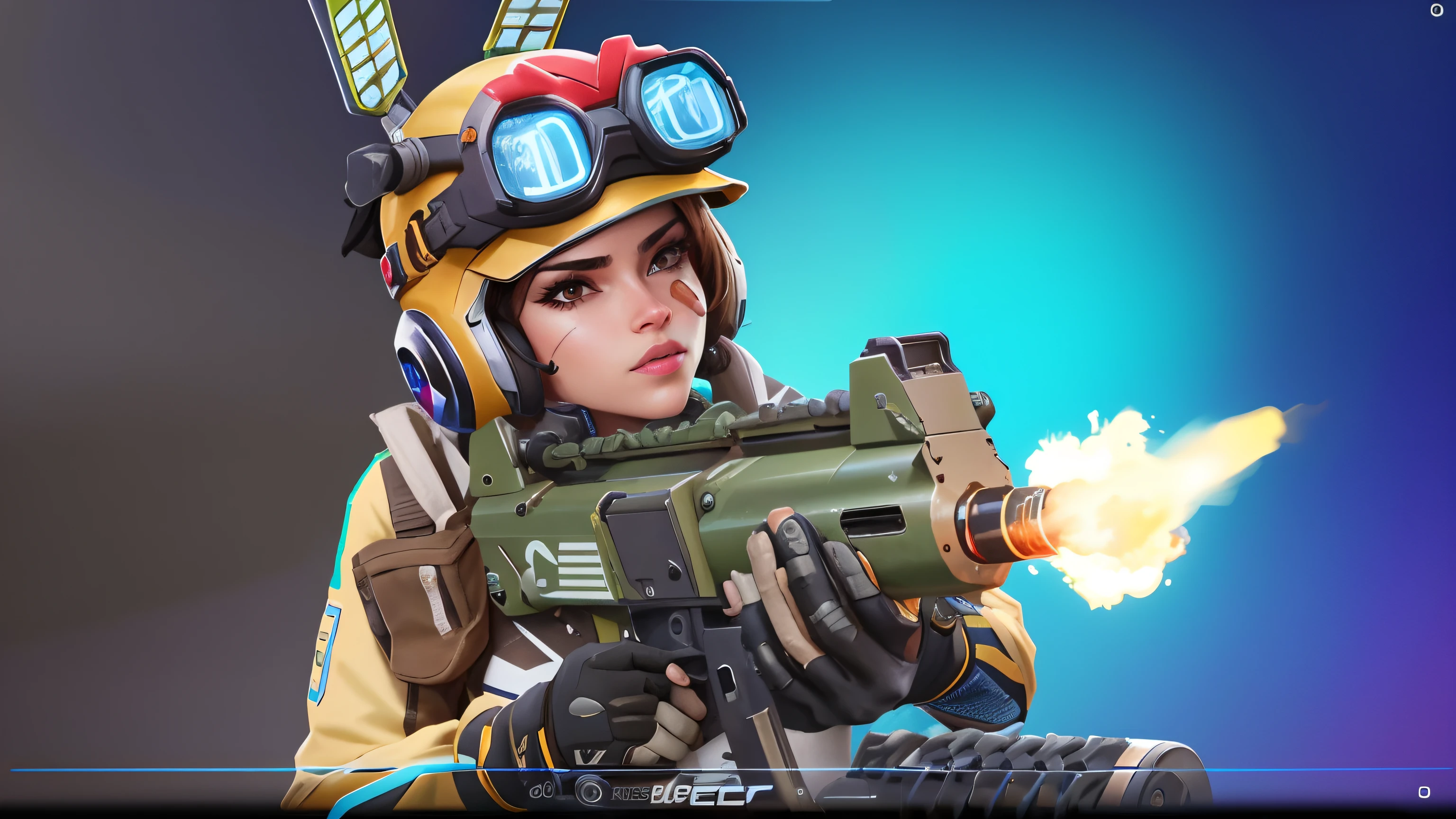 um close up de uma pessoa com uma arma e um capacete, menina soldado mecanizado, segurando um blaster, in style of apex legends, realismo no estilo de jogo fornite, blaster fogo brilhante como neon, Como um personagem de Overwatch, no estilo de jogo 8k, como personagem de overwatch, holding a rocket launcher, holding sci-fi rifle, Estilo Overwatch, Eco de Overwatch